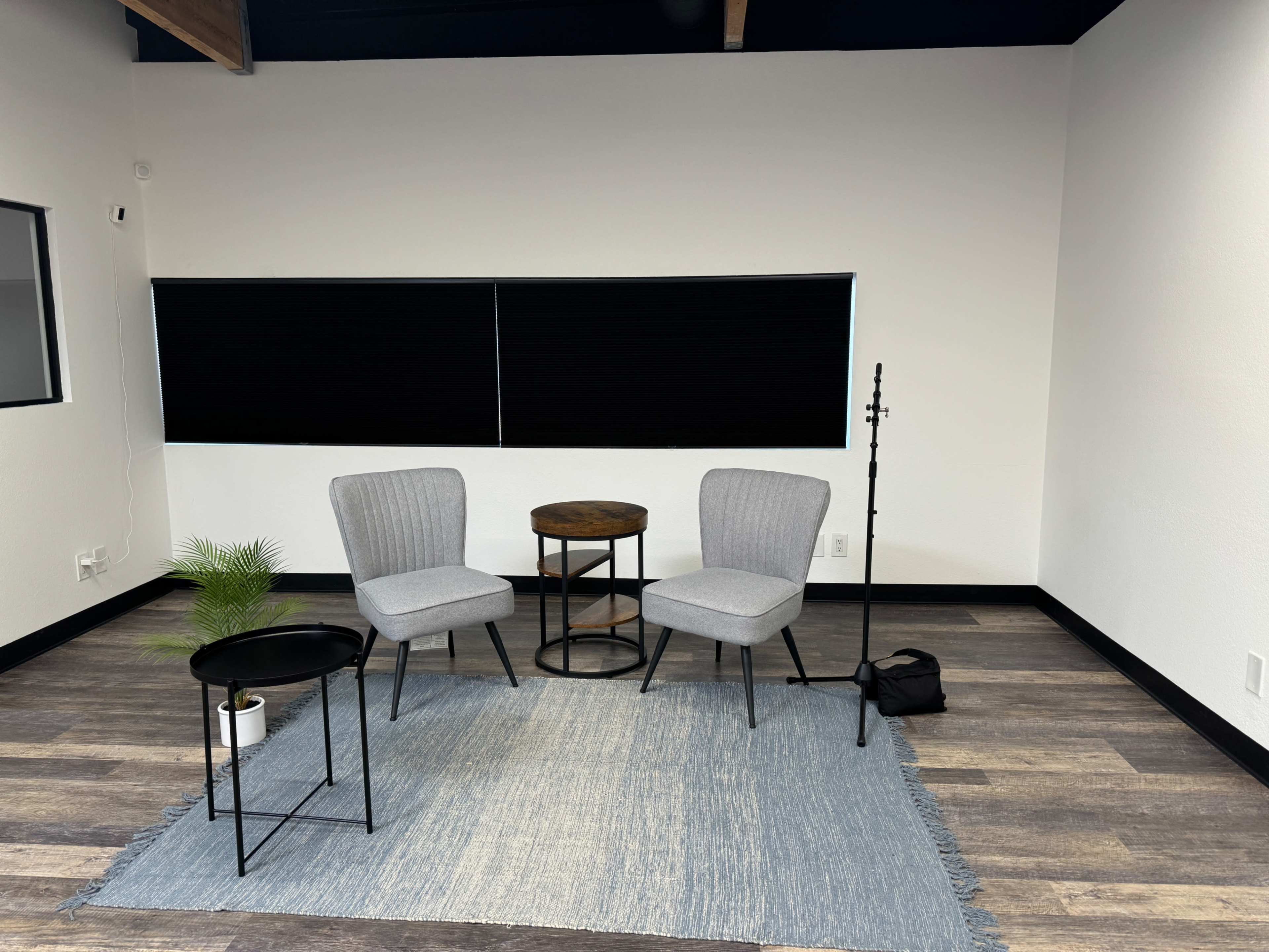 A minimalistic room with two gray chairs positioned around a small wooden table on a light blue rug, accompanied by a potted plant and a microphone stand.