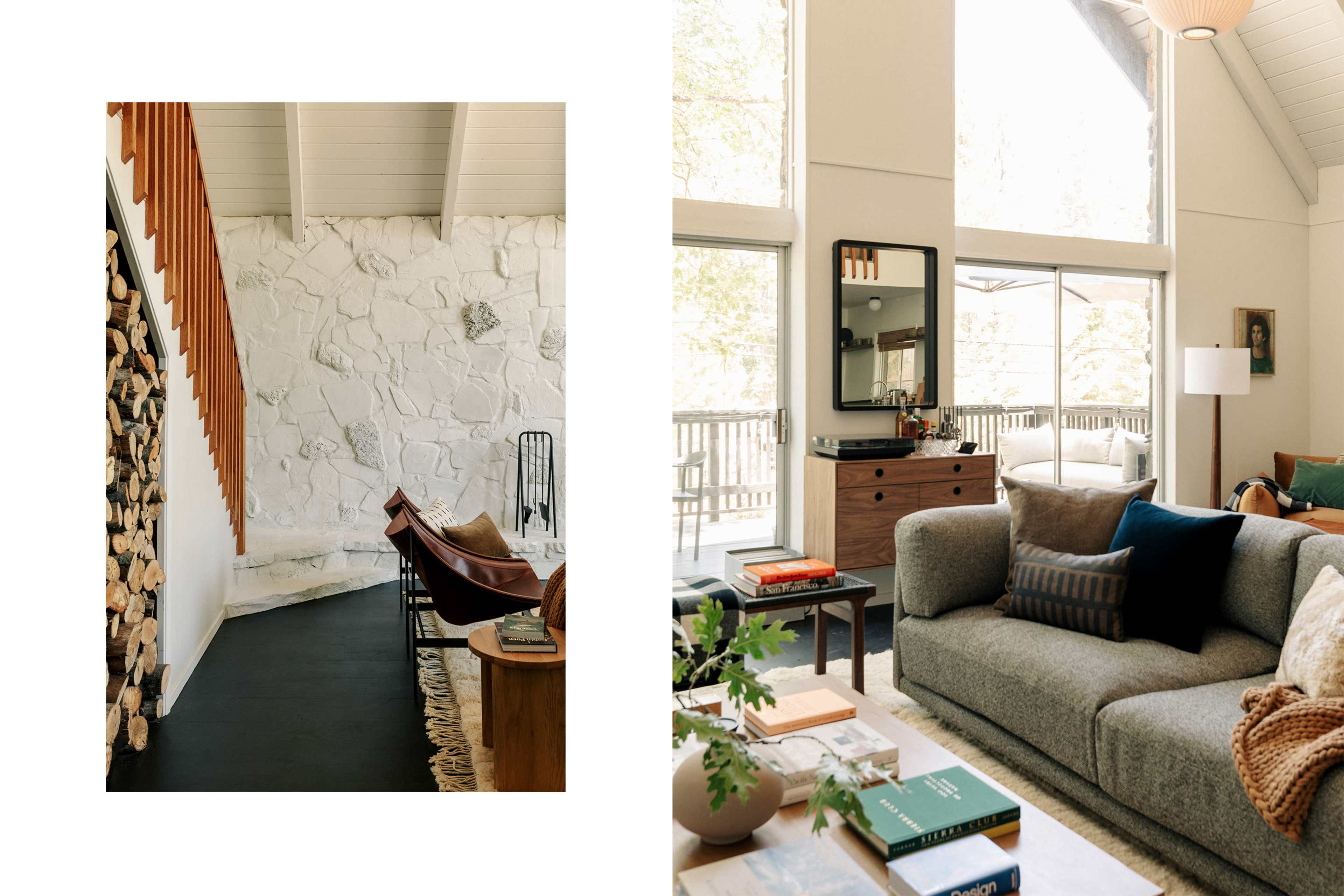 Two rooms of a modern house, one showcasing a stairway beside a stone wall and the other displaying a cozy living area with large windows and a comfortable sofa.