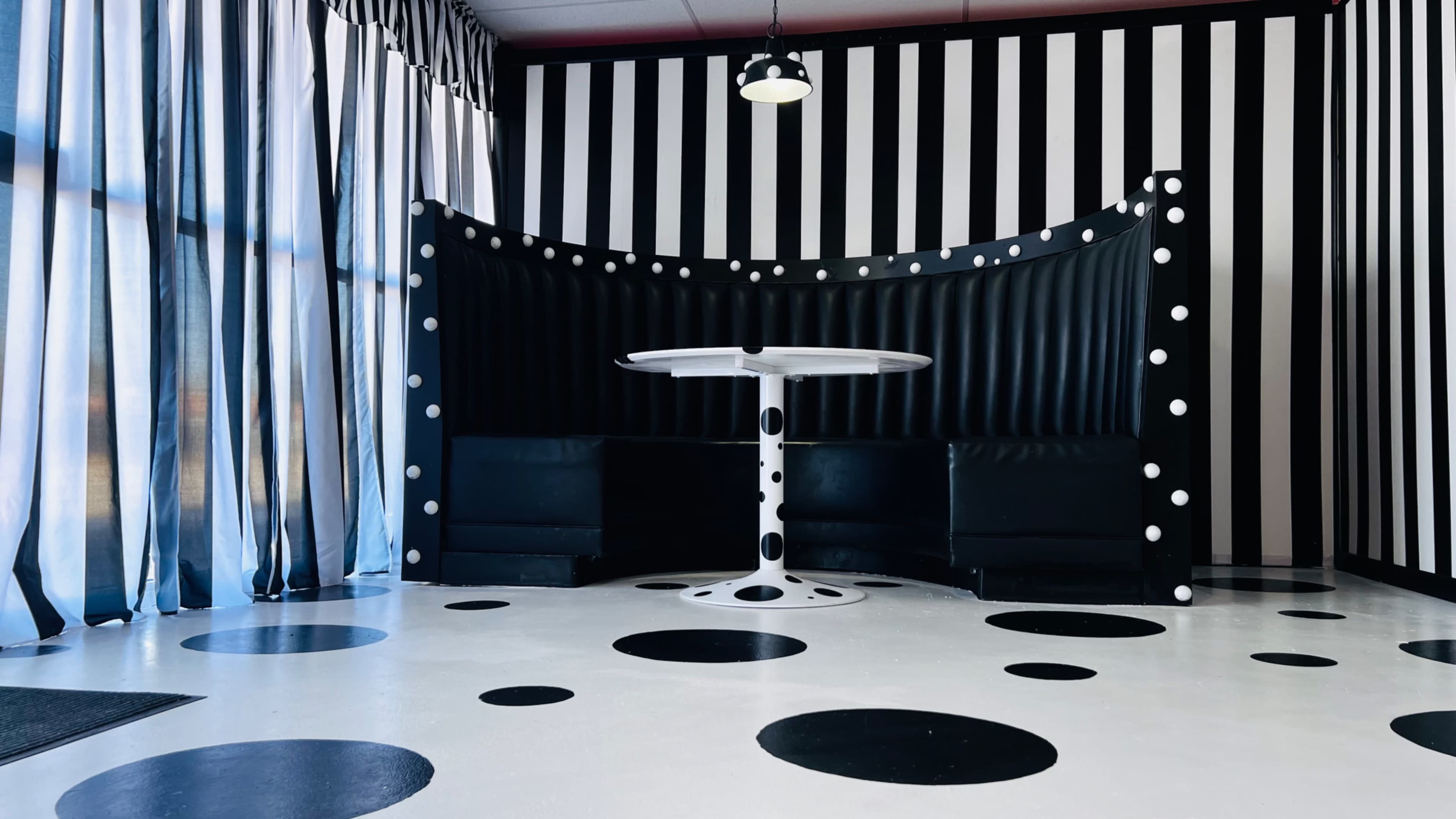 Vintage Black & White 80s Studio w/ Polka Dot & Stripe Booth Image in Highland Hills, Mesquite, TX