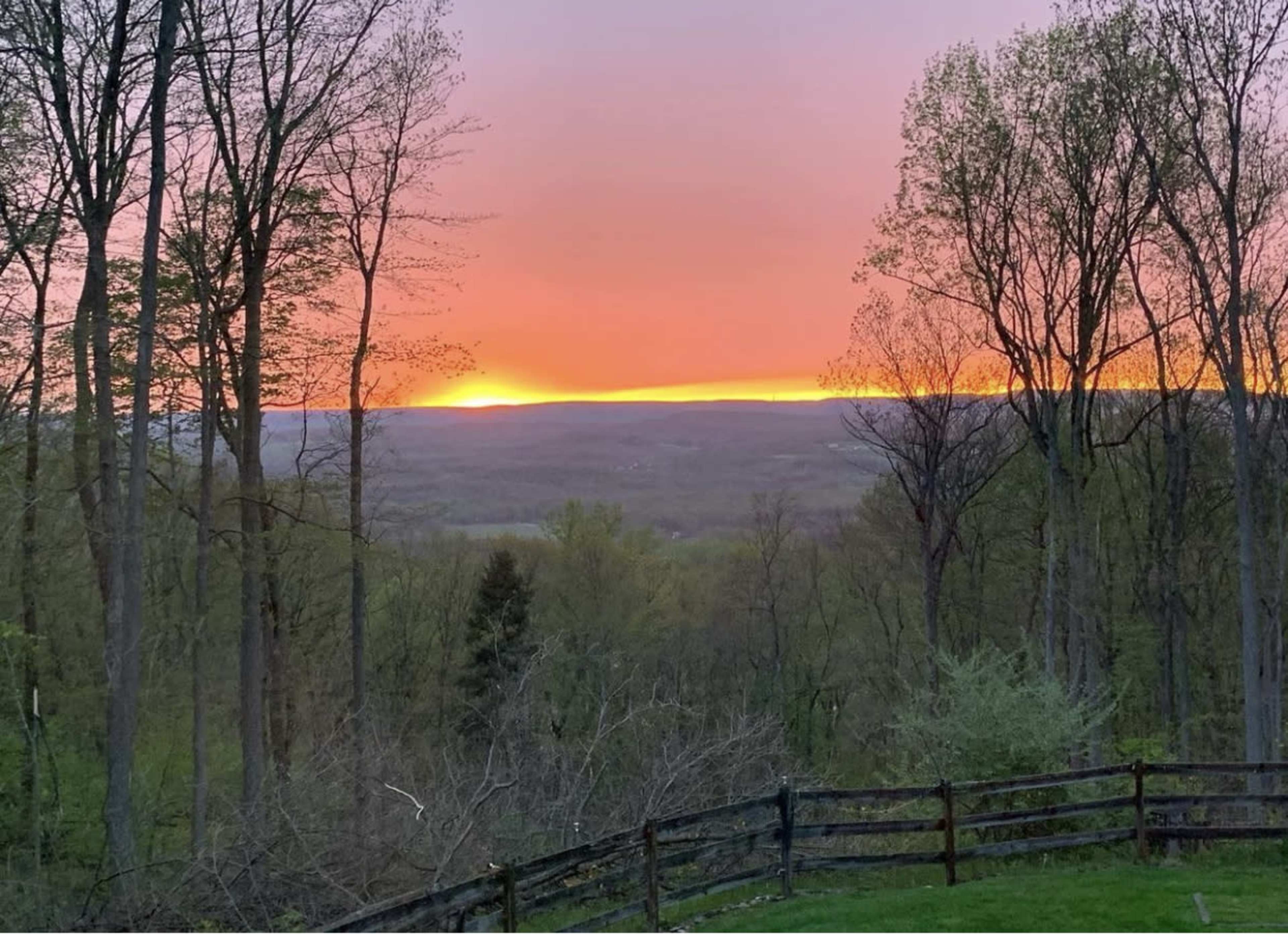 A view of a sunset over a valley, framed by trees and a wooden fence in the foreground.
