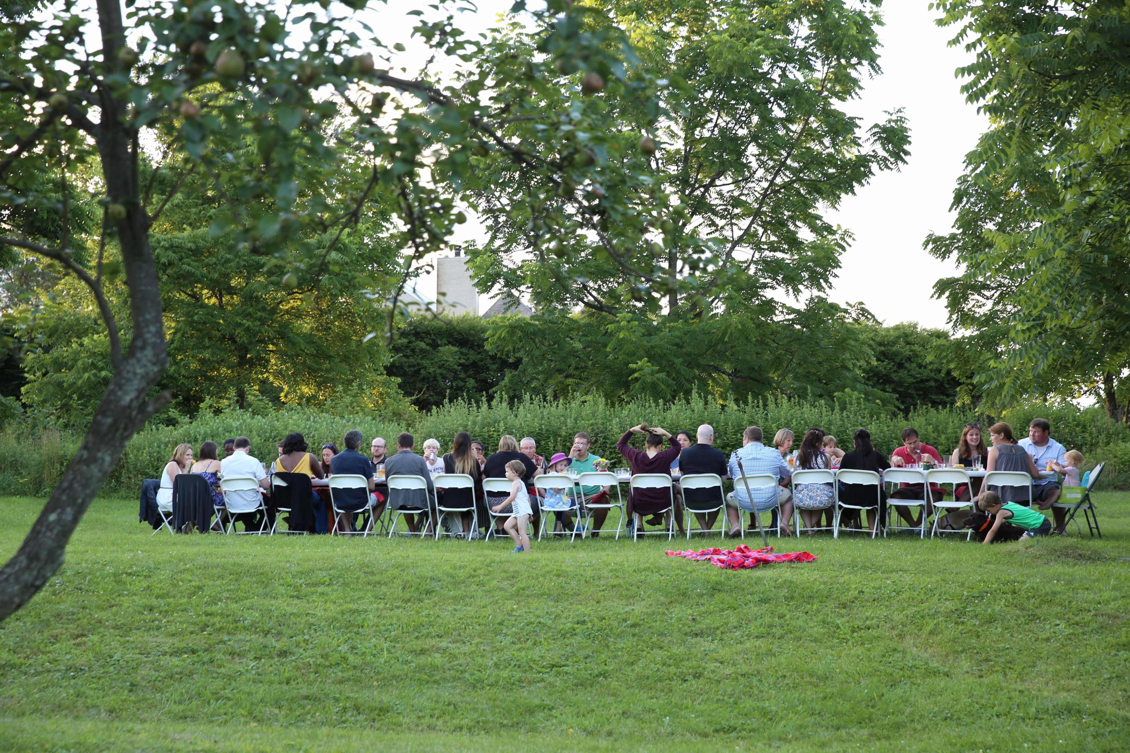 A long table is set outdoors with many people seated around it during a gathering in a grassy area.