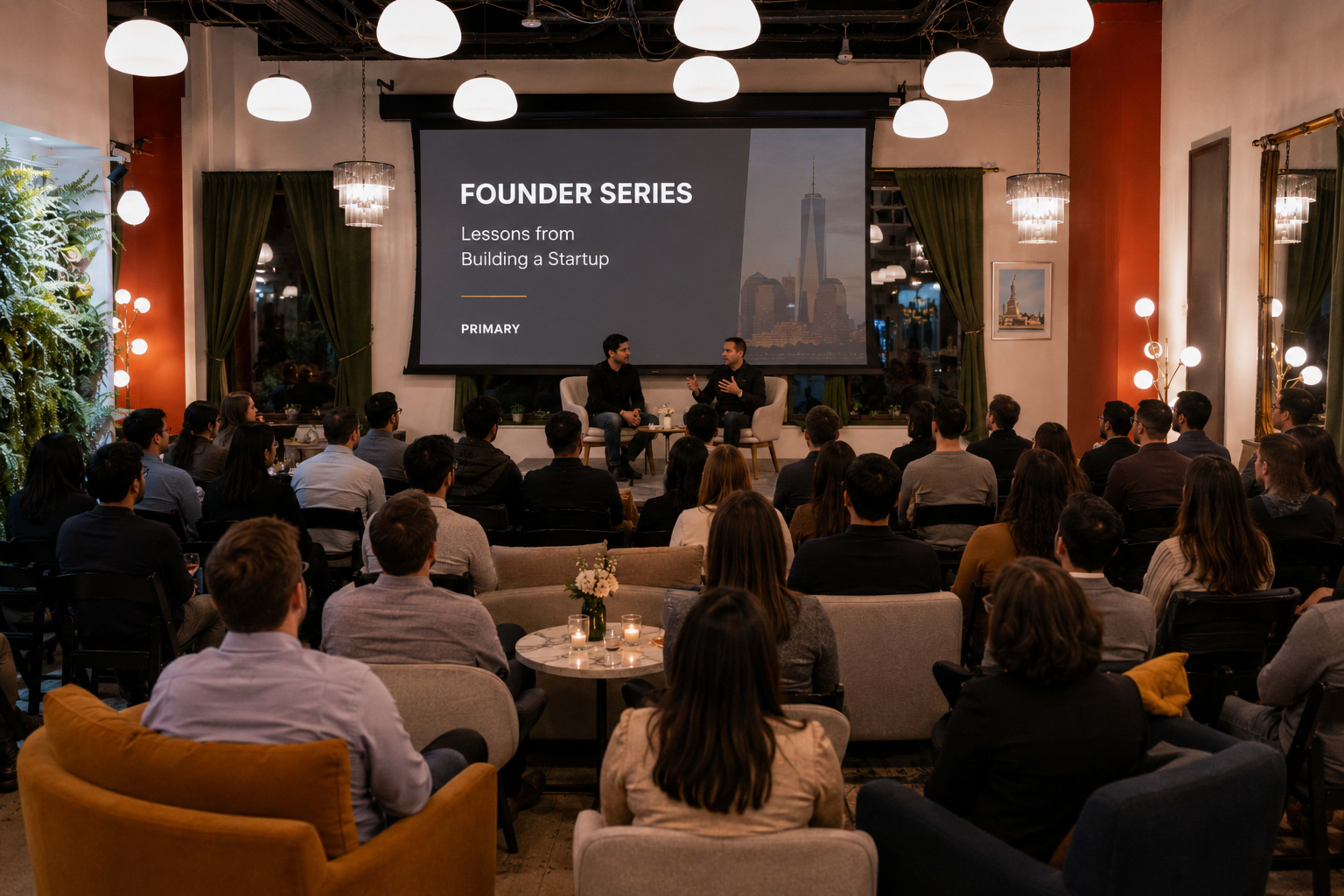 A panel discussion on startup lessons is taking place in a warmly lit venue, with an audience seated facing a large screen displaying "FOUNDER SERIES" and a city skyline background.