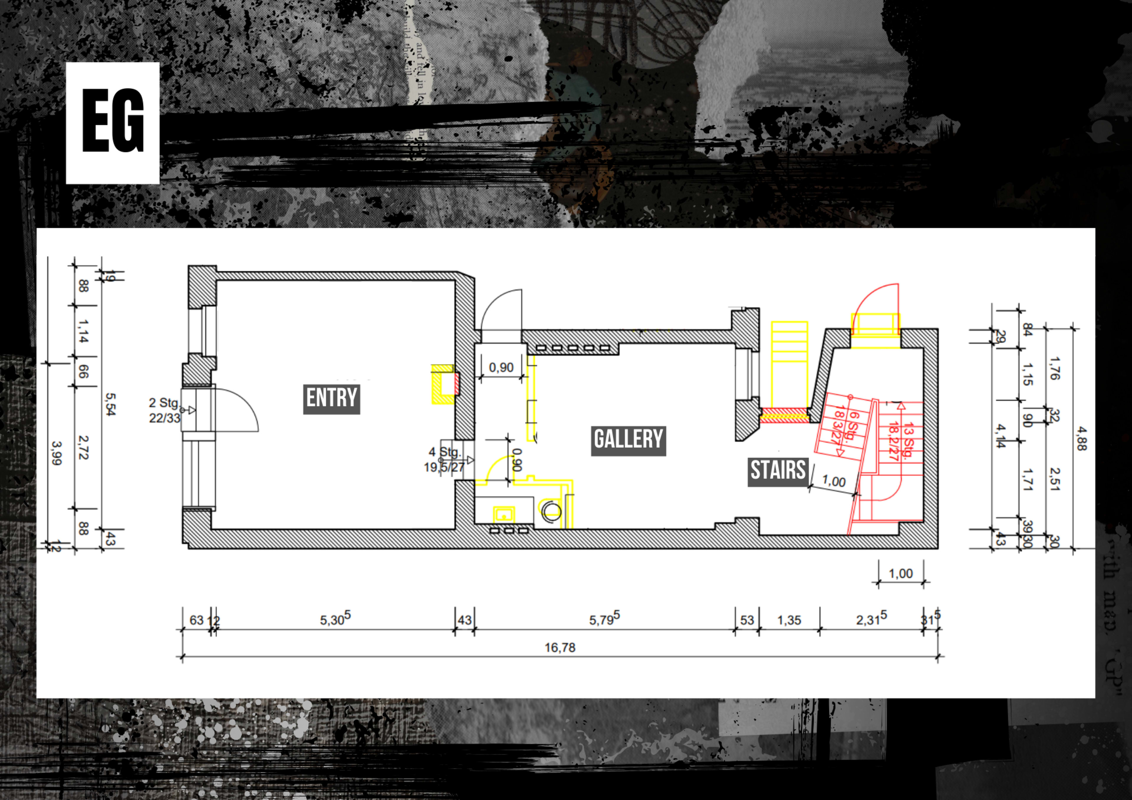 The image presents a floor plan labeled "EG" with defined areas for an entry, gallery, and stairs, featuring measurements and layout details.