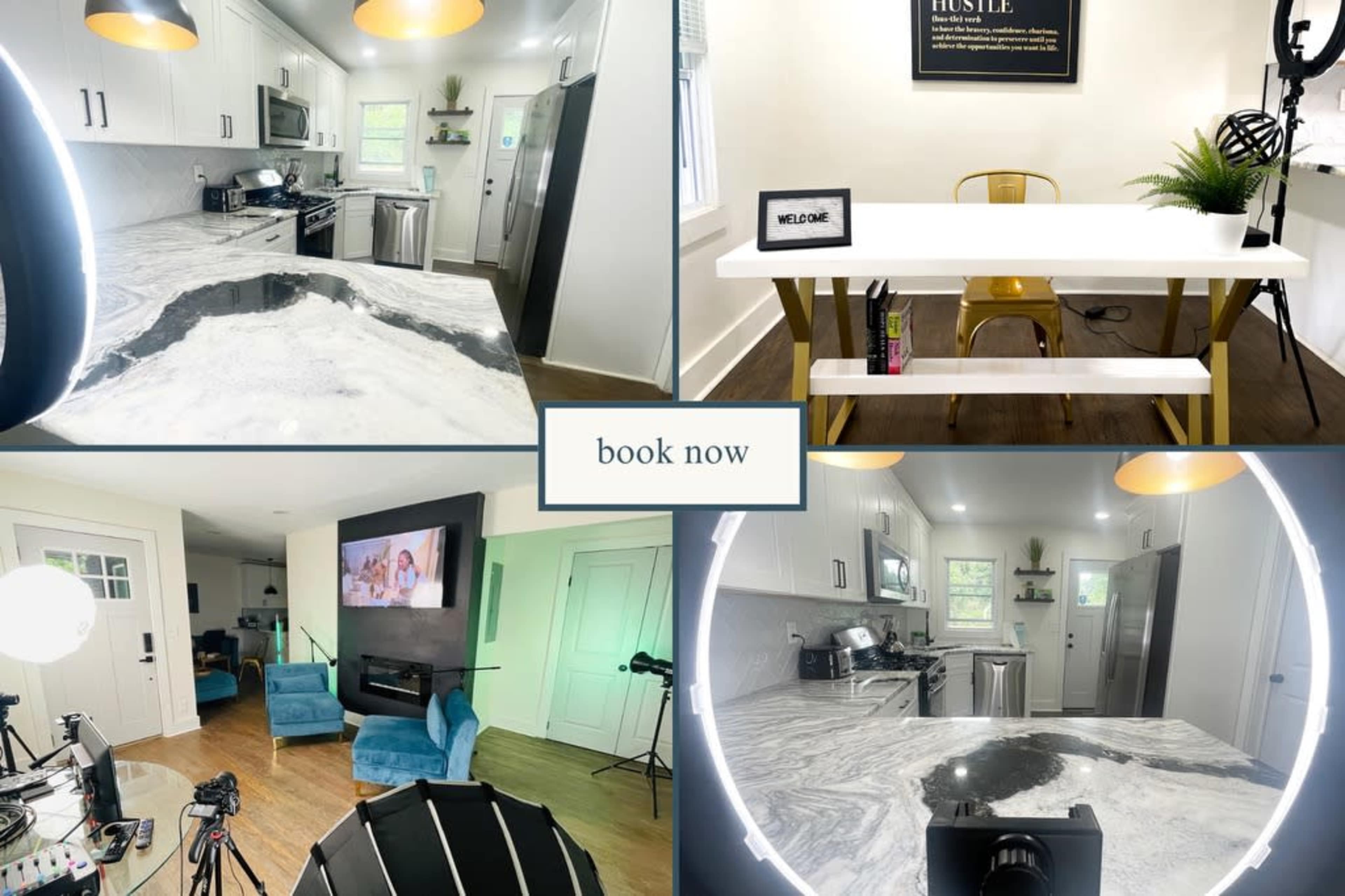 The image showcases a modern interior with a kitchen and a workspace area, featuring a marble countertop, a white dining table, and a media setup with a TV.