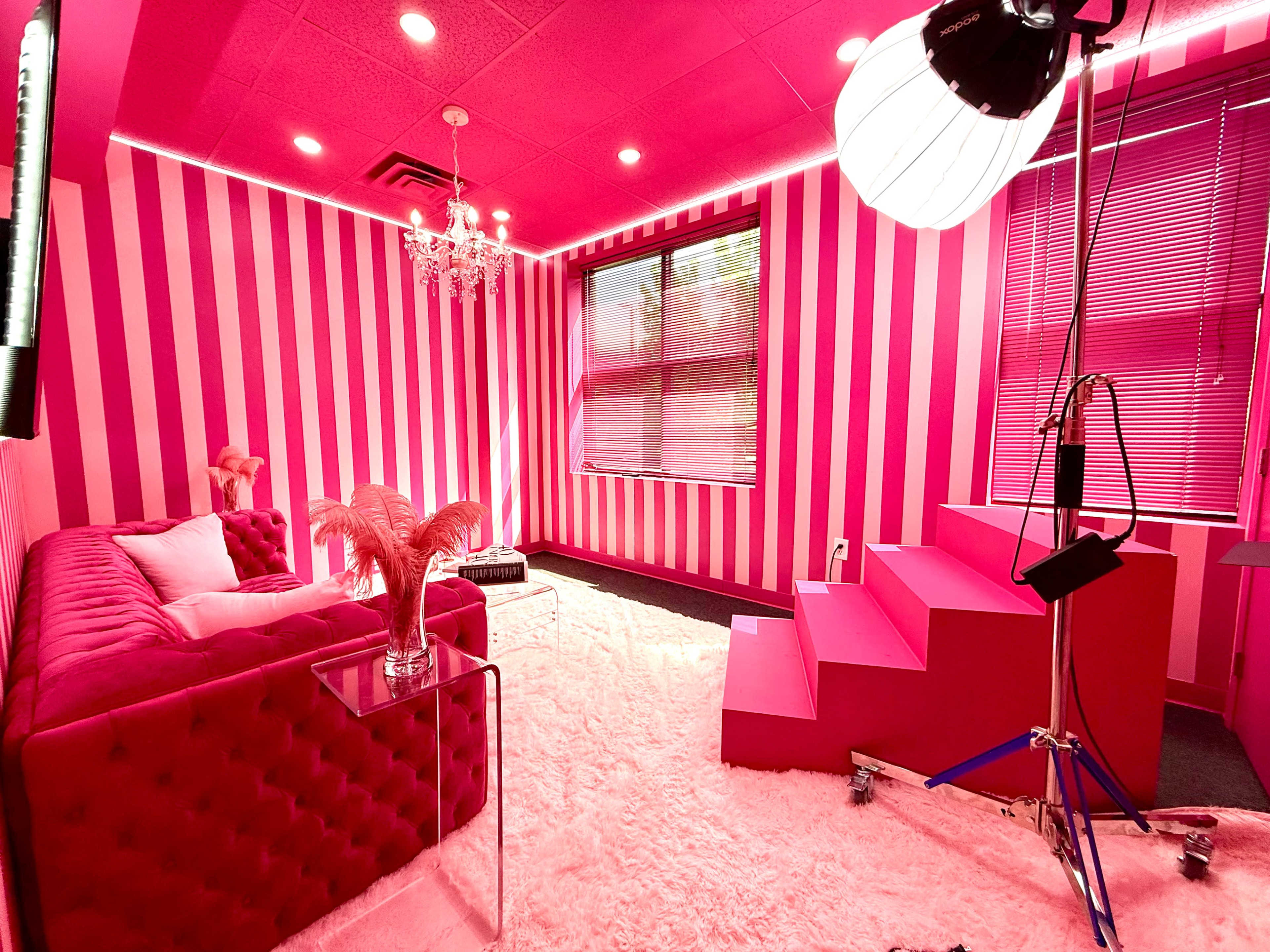 The room features pink striped walls, a plush pink sofa, a white shag carpet, and a decorative chandelier, creating a vibrant and playful atmosphere.