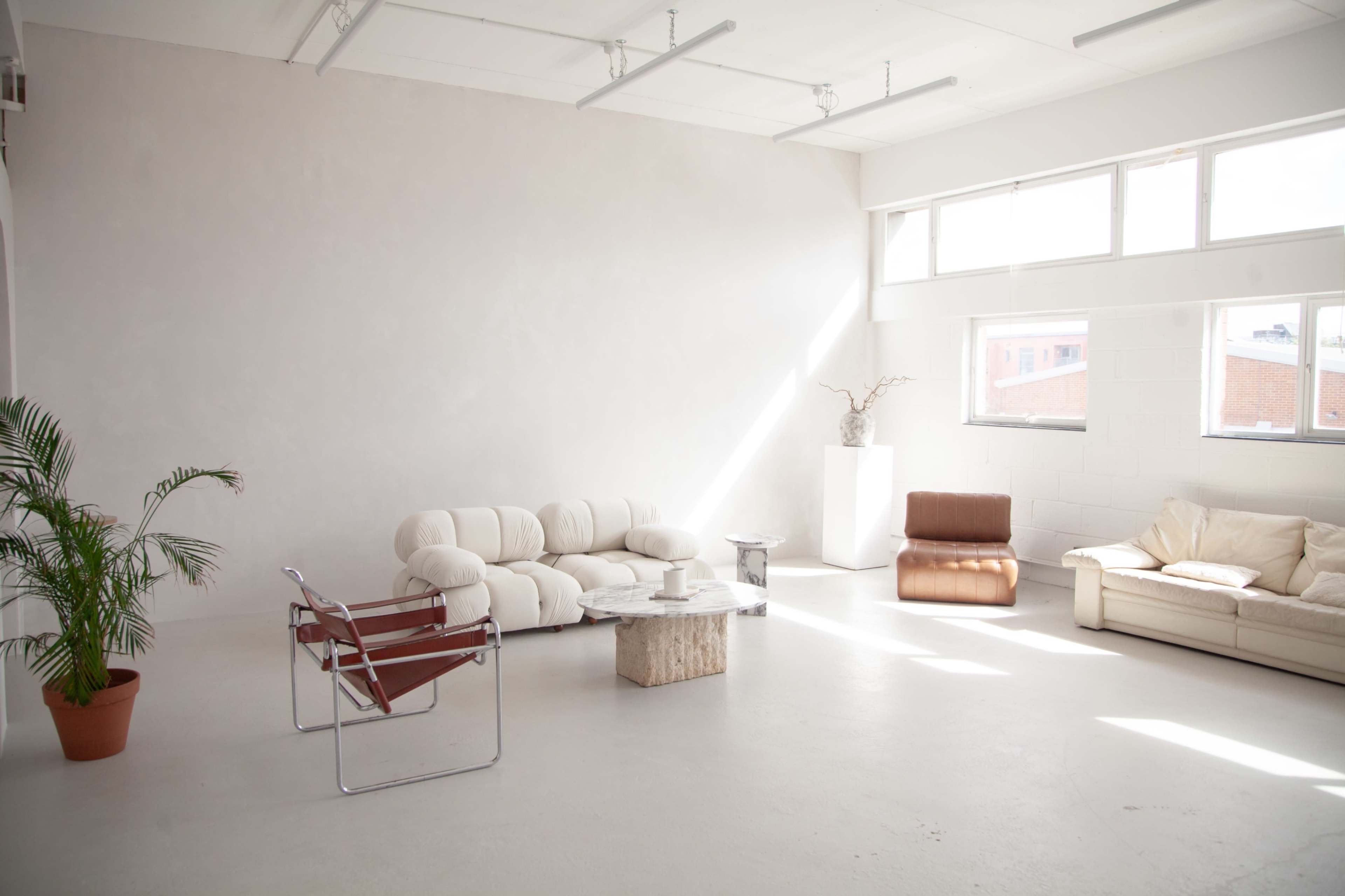 The image features a minimalist interior space with a white floor, large windows, and various seating options, including two sofas and a chair, accompanied by a small table and a potted plant.