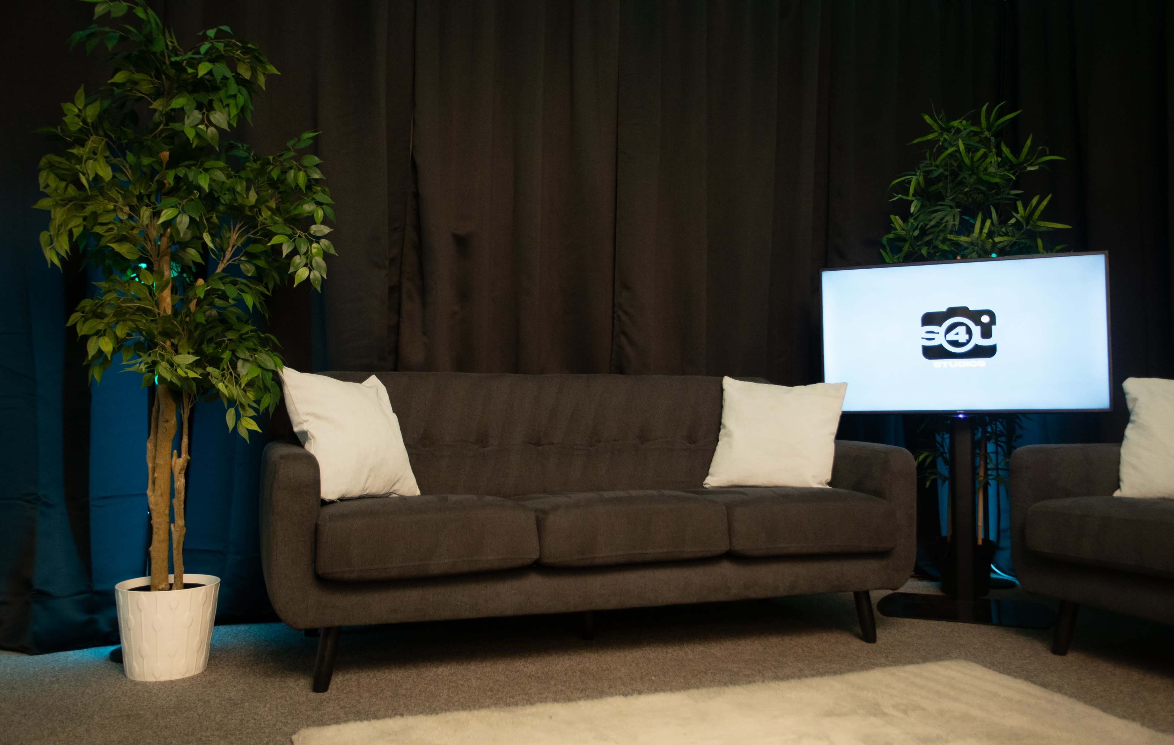 A gray couch with two white pillows, flanked by potted plants, in a dimly lit room with a television displaying a logo.