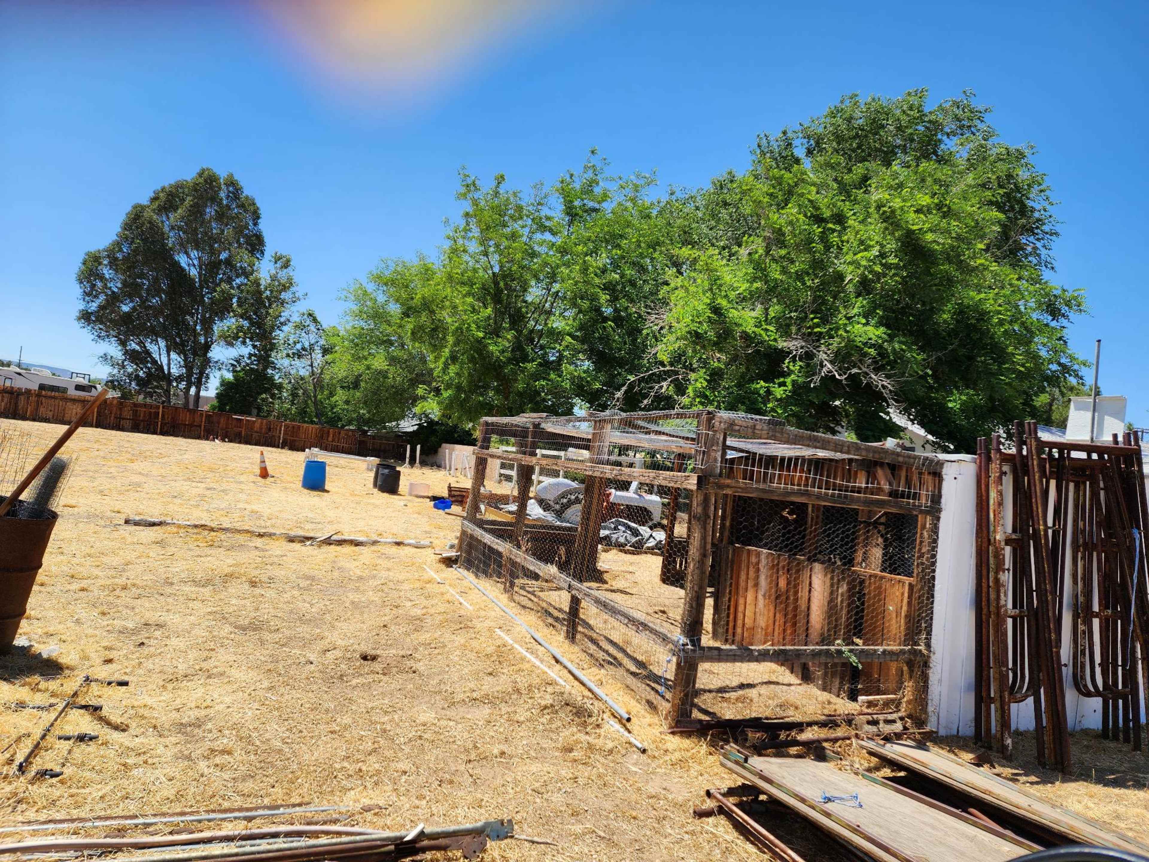 A fenced area with hay scattered on the ground features a chicken coop and several trees in the background.