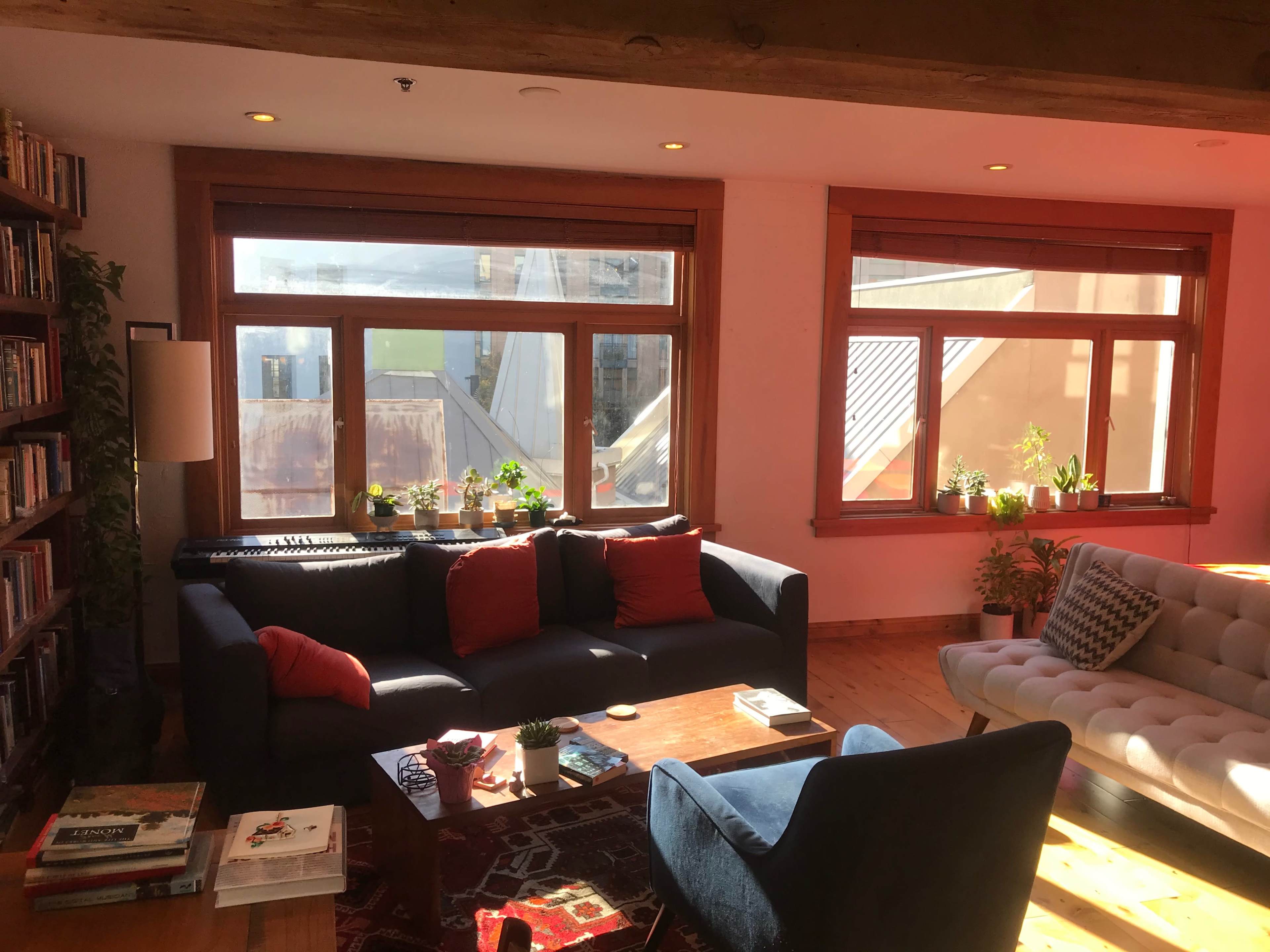 A cozy living room features large windows with plants on the sills, a dark blue sofa with red pillows, a light-colored armchair, and a wooden coffee table surrounded by books and magazines.