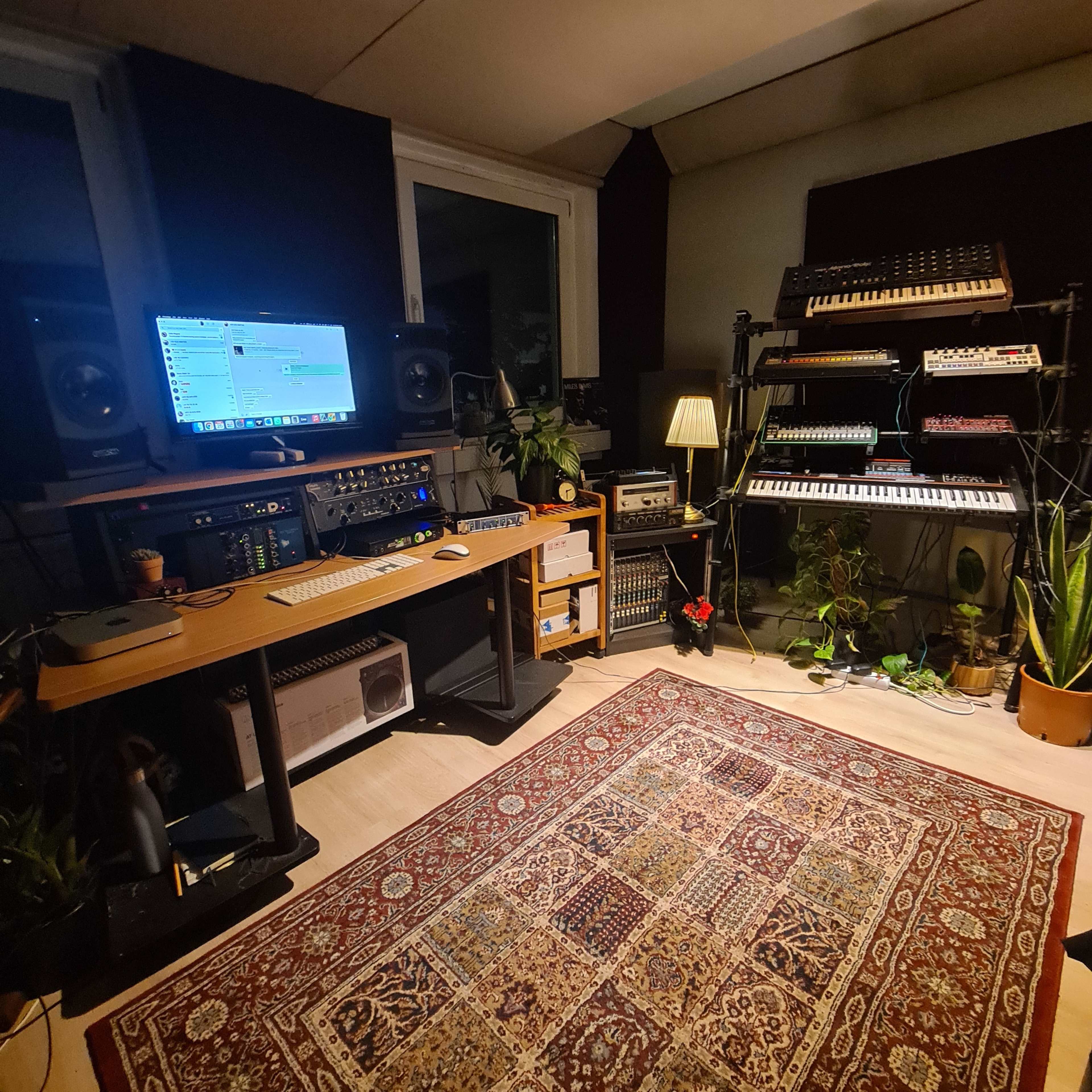 The image shows a music production studio equipped with various synthesizers, recording equipment, and a computer monitor within a well-organized space featuring plants and a decorative rug.