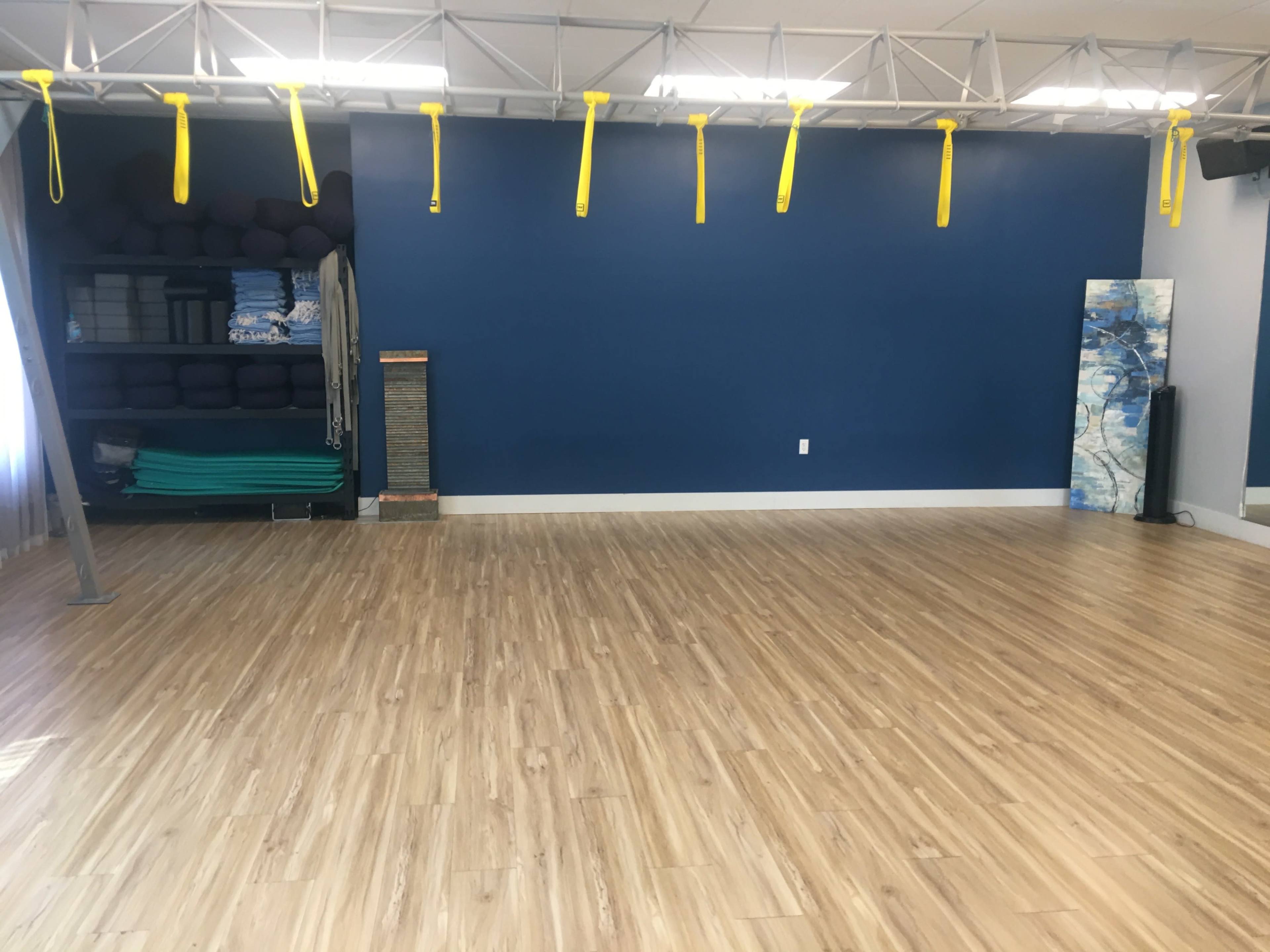 An empty studio with a wooden floor, blue wall, and yellow suspension straps hanging from the ceiling.