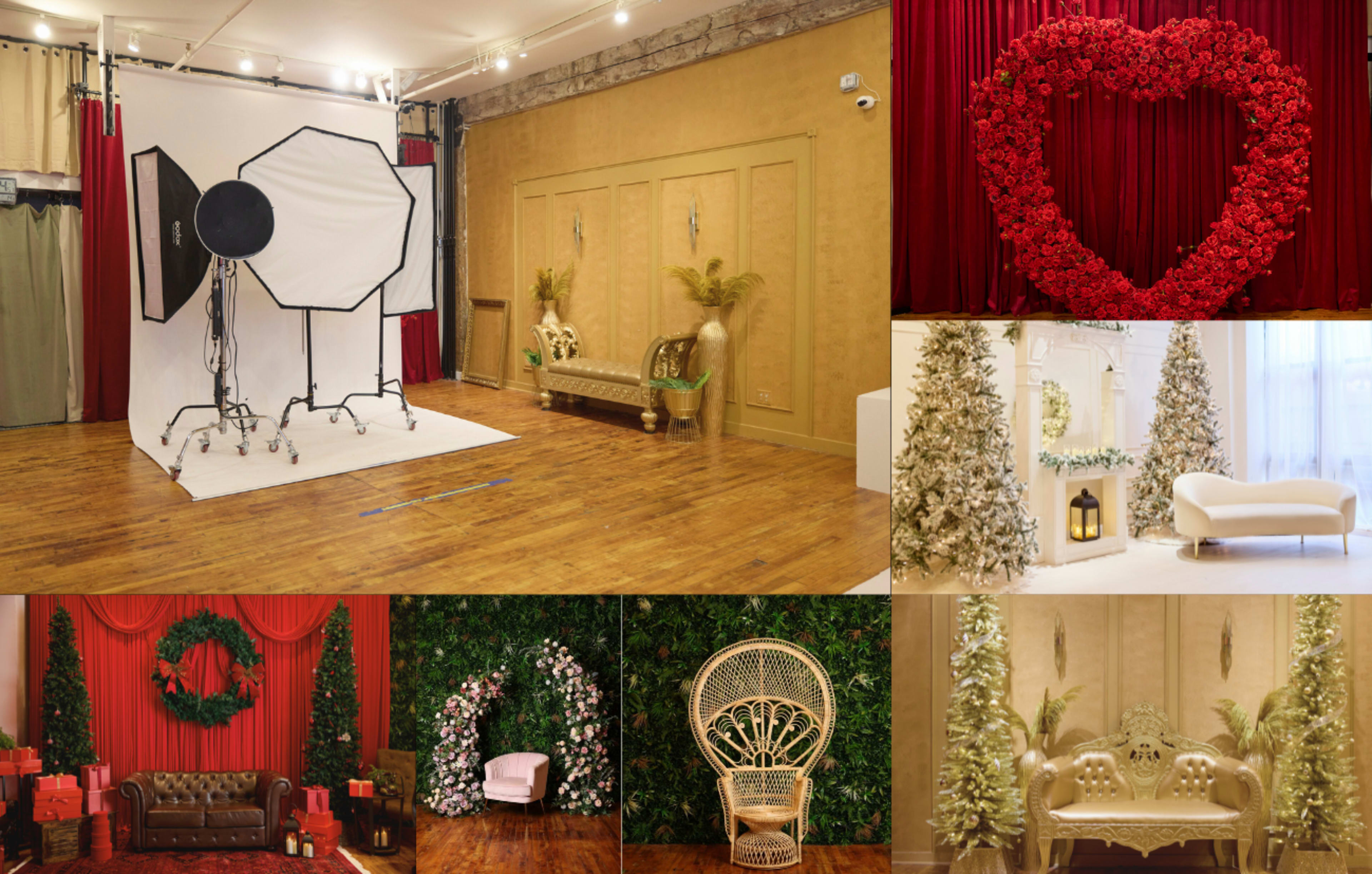 The image showcases a photography studio with various decorative setups, including a floral heart backdrop, a green foliage wall, and elegant seating arrangements.