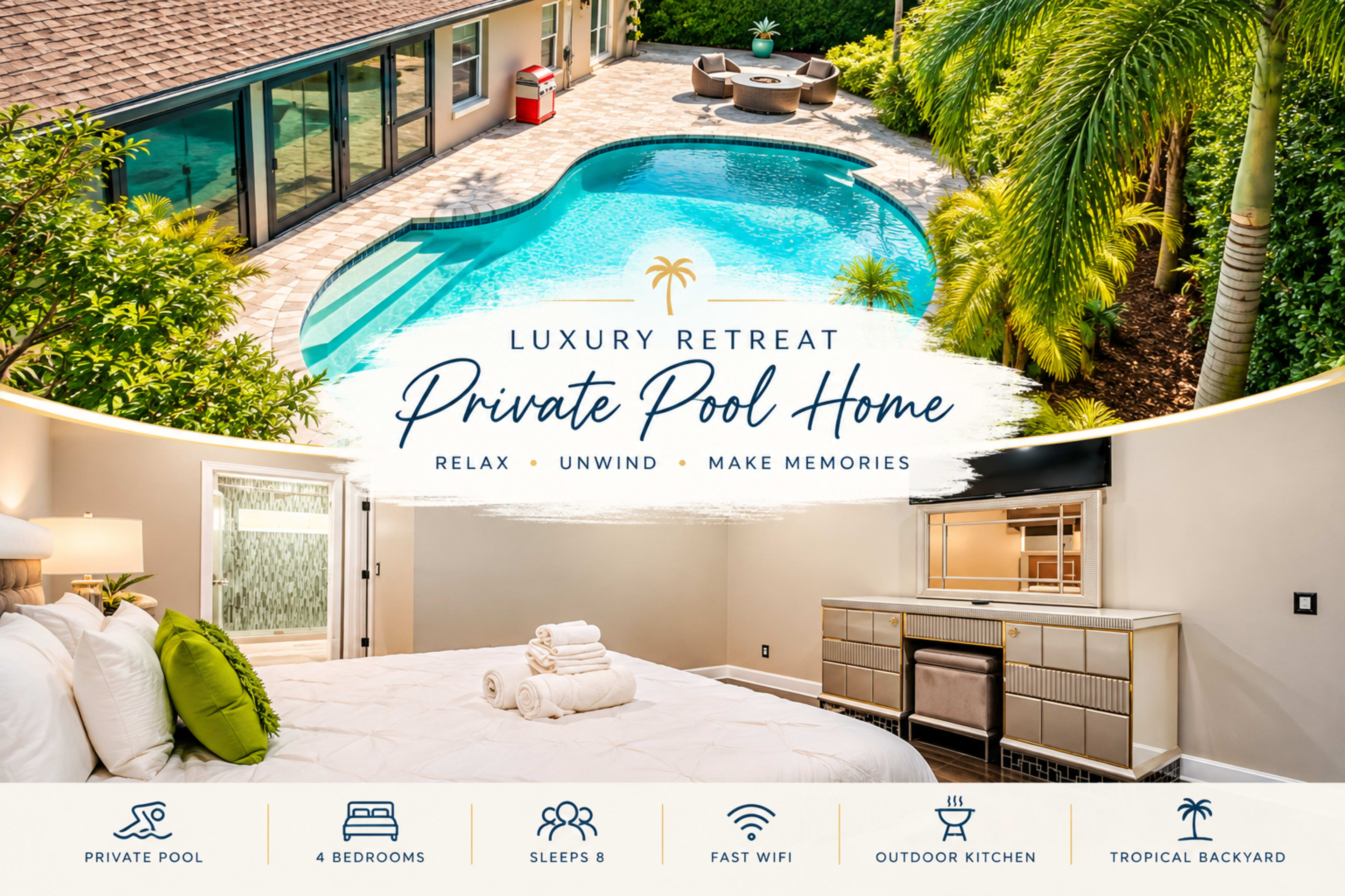 The image showcases a luxury vacation rental featuring a private pool surrounded by tropical landscaping, a cozy bedroom, and an outdoor kitchen area.