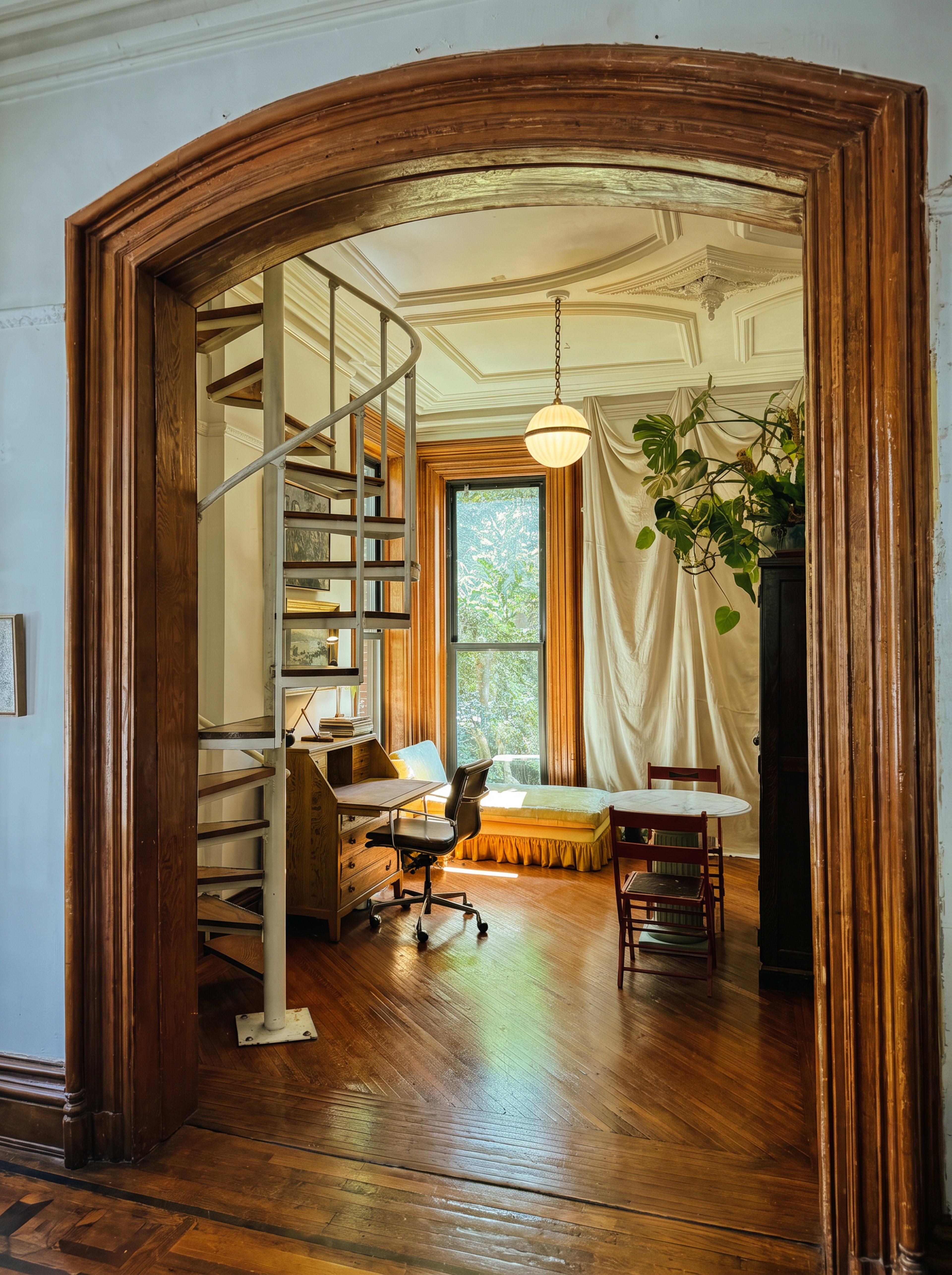 A spiral staircase leads into a well-lit room featuring a small dining table, a chair, and a work desk near a large window with greenery visible outside.