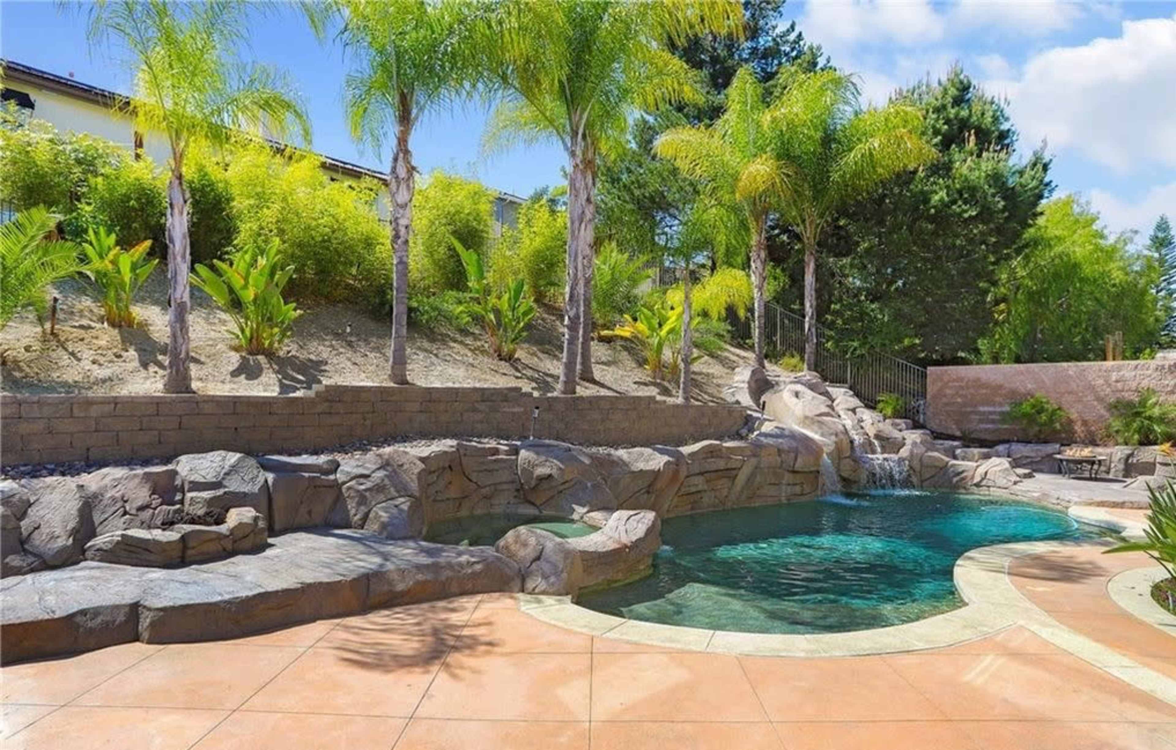 A landscaped backyard with a stone-accented swimming pool surrounded by palm trees and lush greenery.
