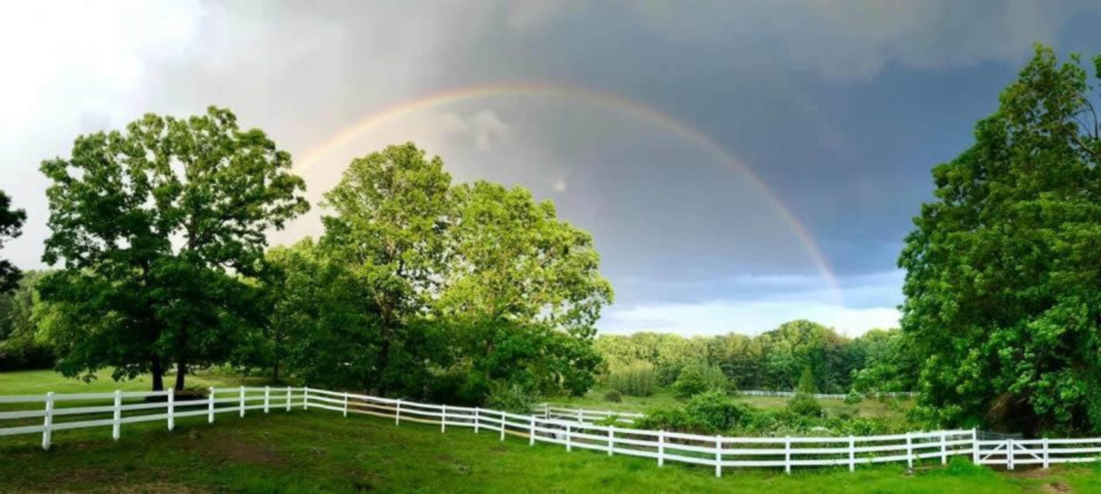 A vibrant rainbow arcs over a green landscape, framed by white fences and lush trees under a cloudy sky.