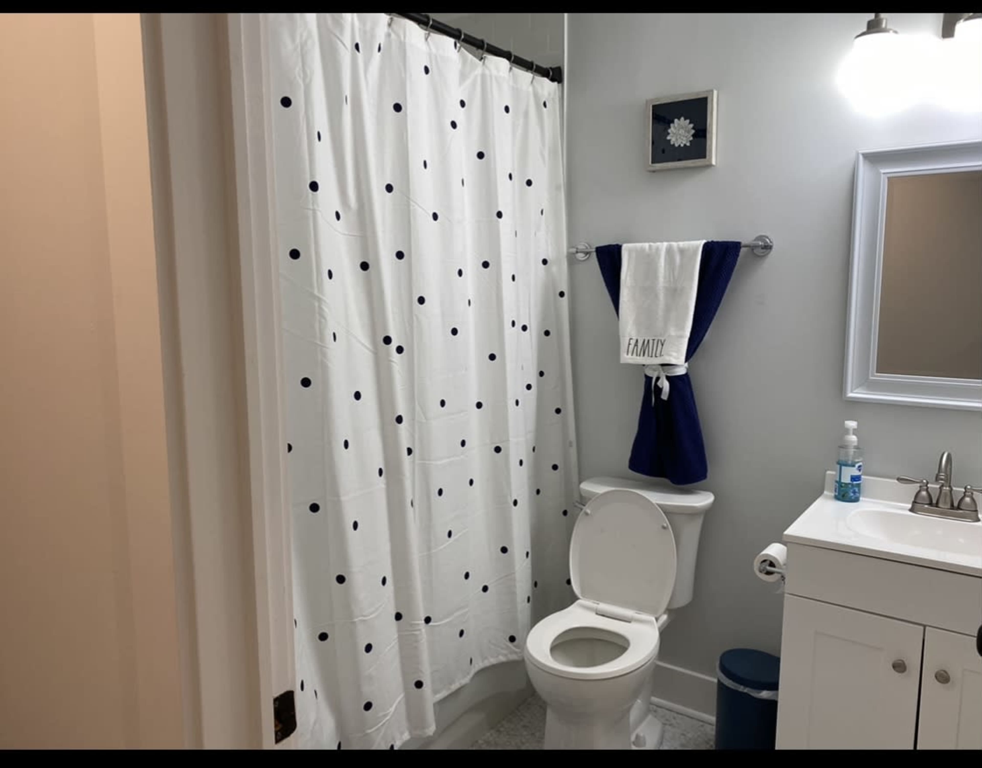 A bathroom with a white shower curtain featuring blue dots, a toilet, and a sink with a mirror above it.