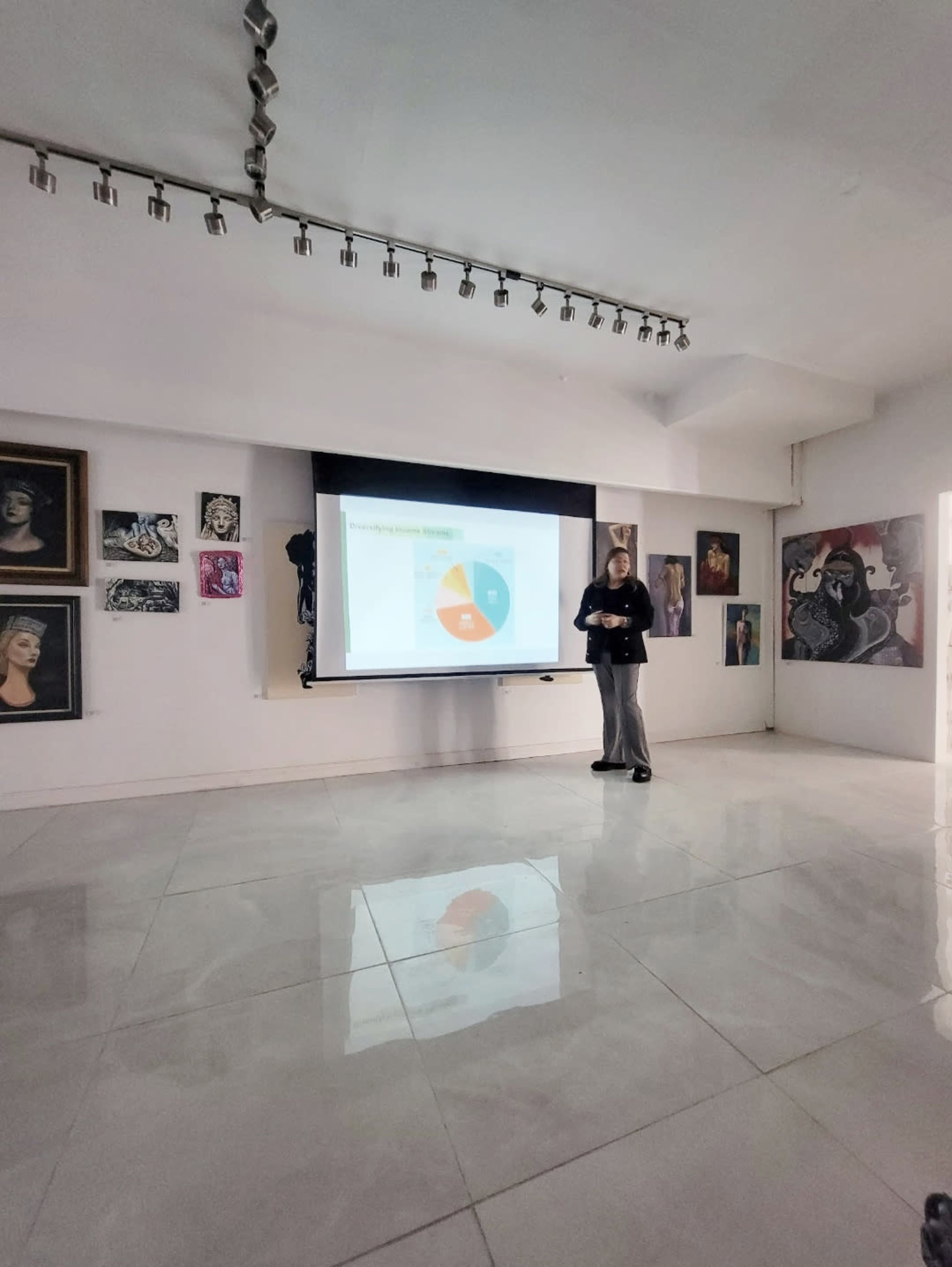 A person stands in front of a screen displaying a pie chart in a room adorned with various framed artworks on the walls.