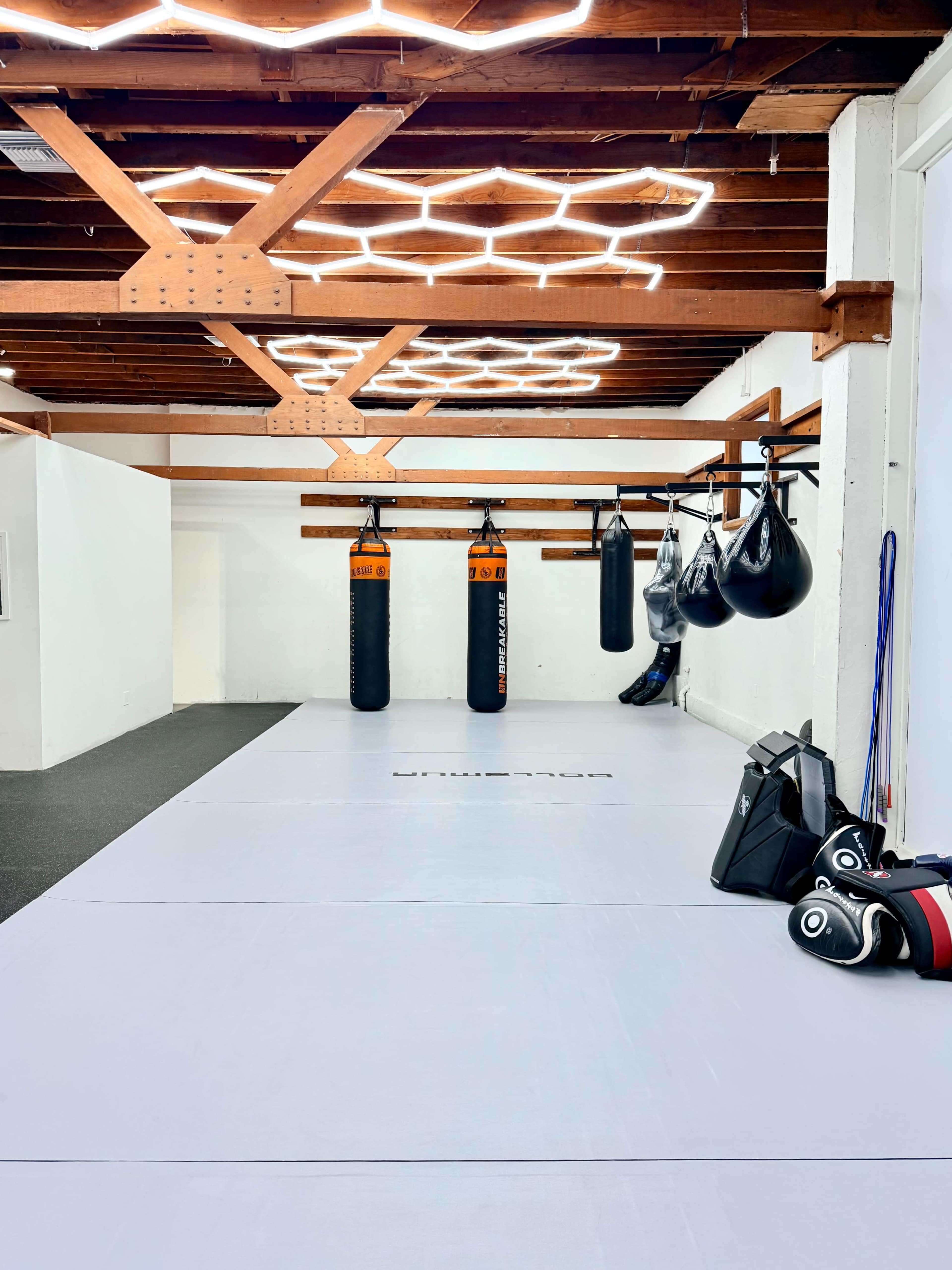 The image shows a well-lit boxing gym with hanging punching bags, a spacious mat area, and training equipment on the floor.