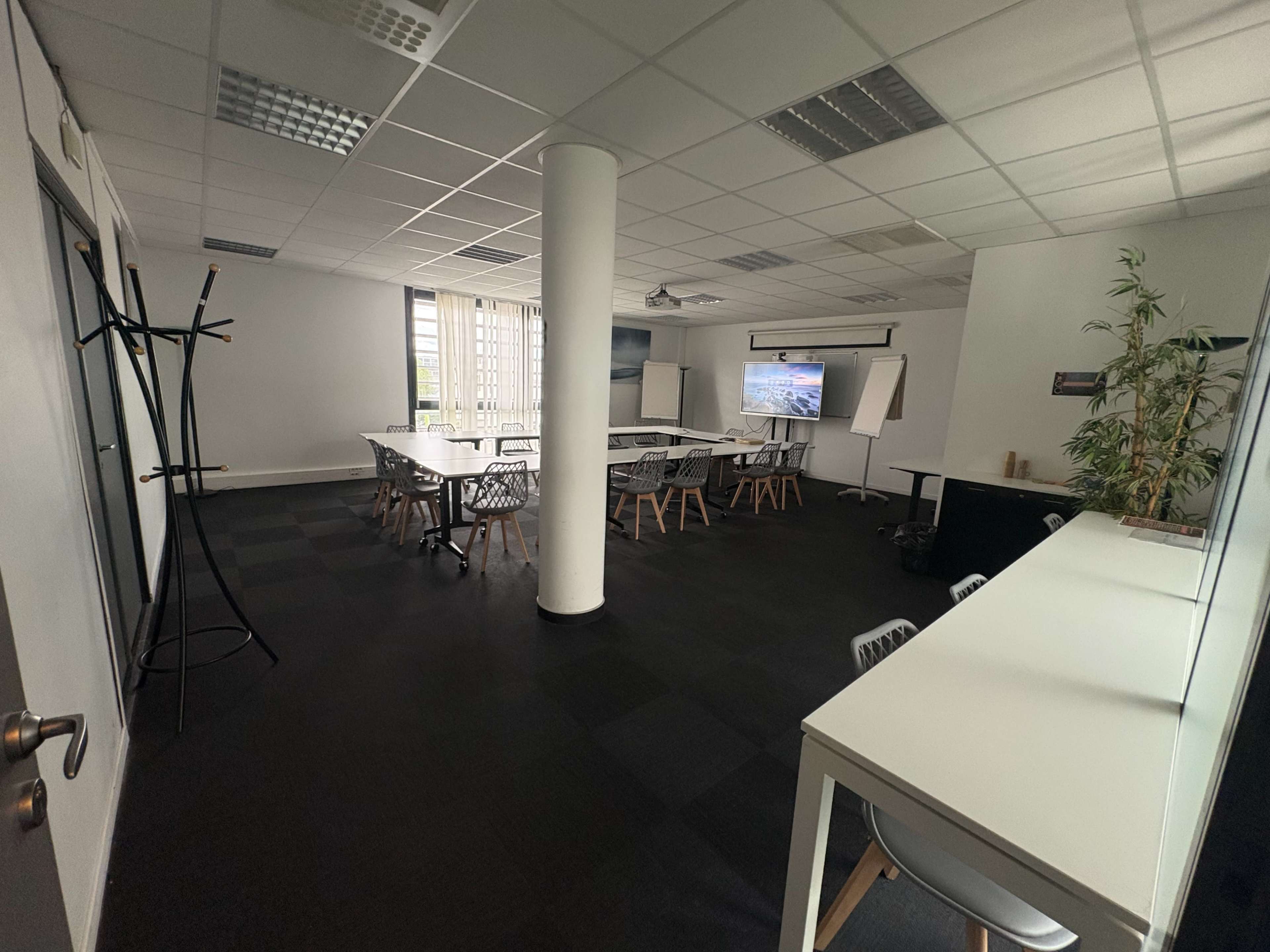 The image shows a spacious, modern conference room with tables arranged for a meeting, a projection screen, and a bamboo plant in one corner.