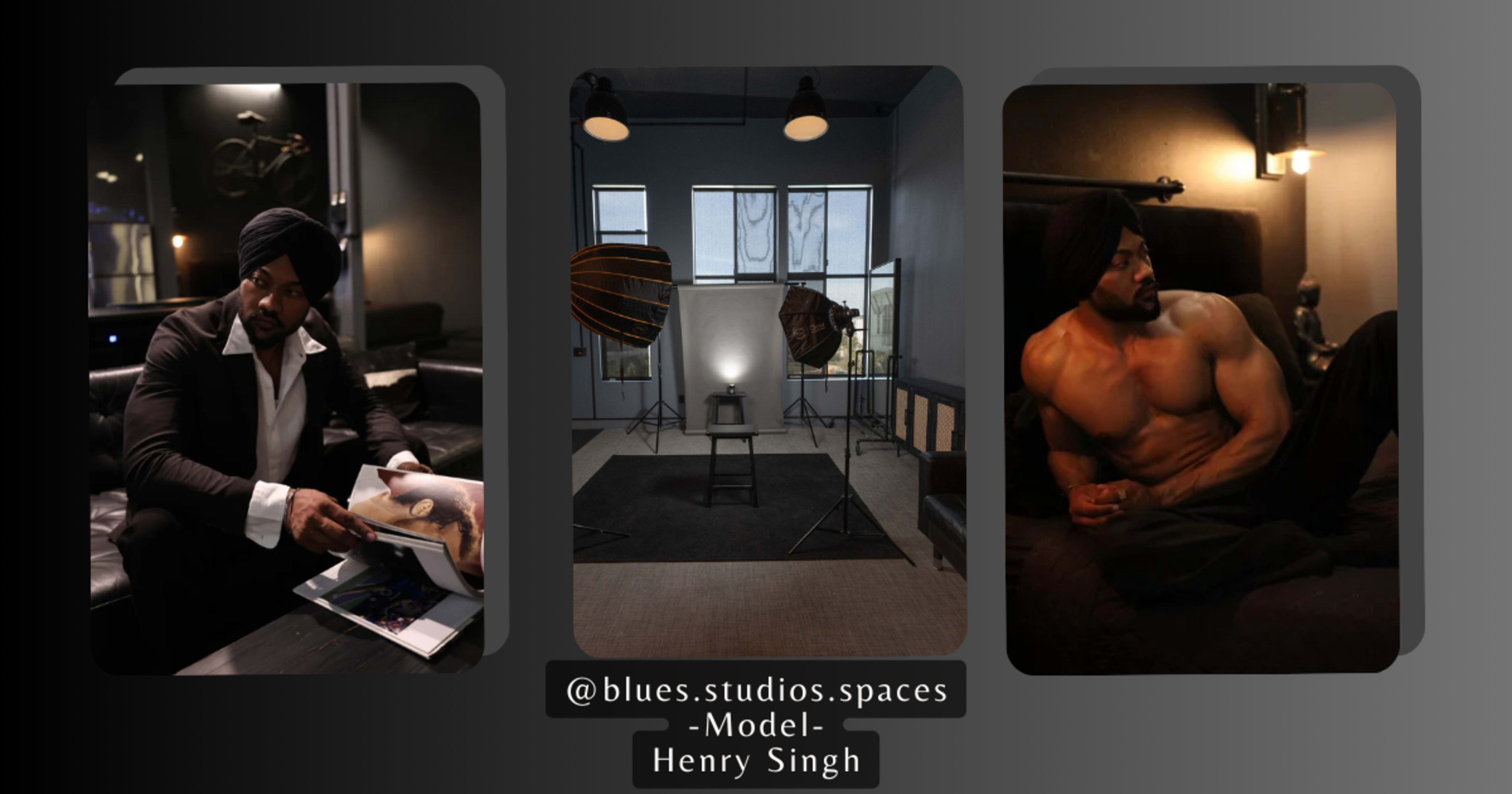 The image features a well-lit photography studio with a seated male model viewing a magazine, alongside two additional photographs of him in different poses and settings.