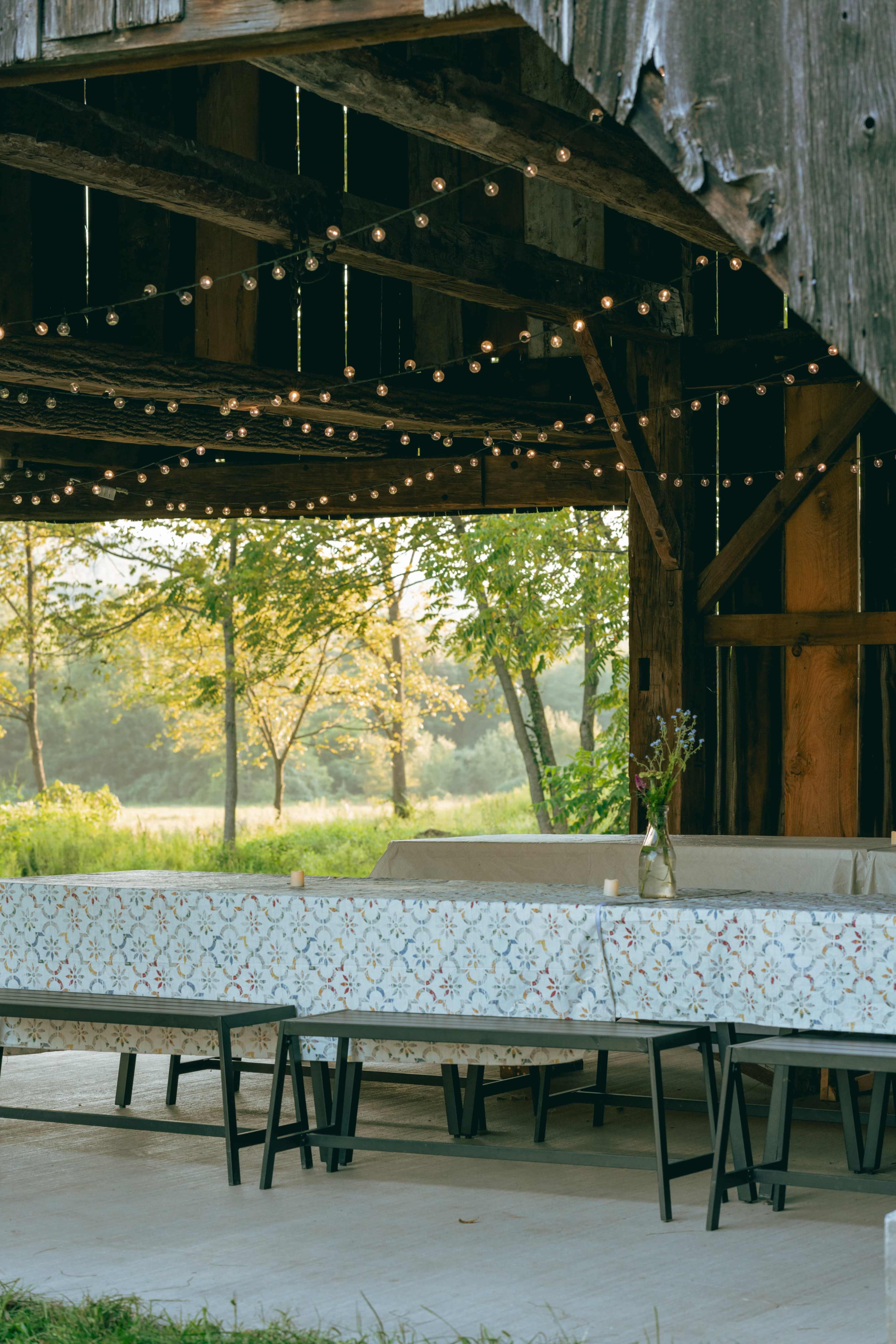 A long table with a patterned tablecloth is set under a rustic shelter, illuminated by string lights, with trees and a field visible in the background.