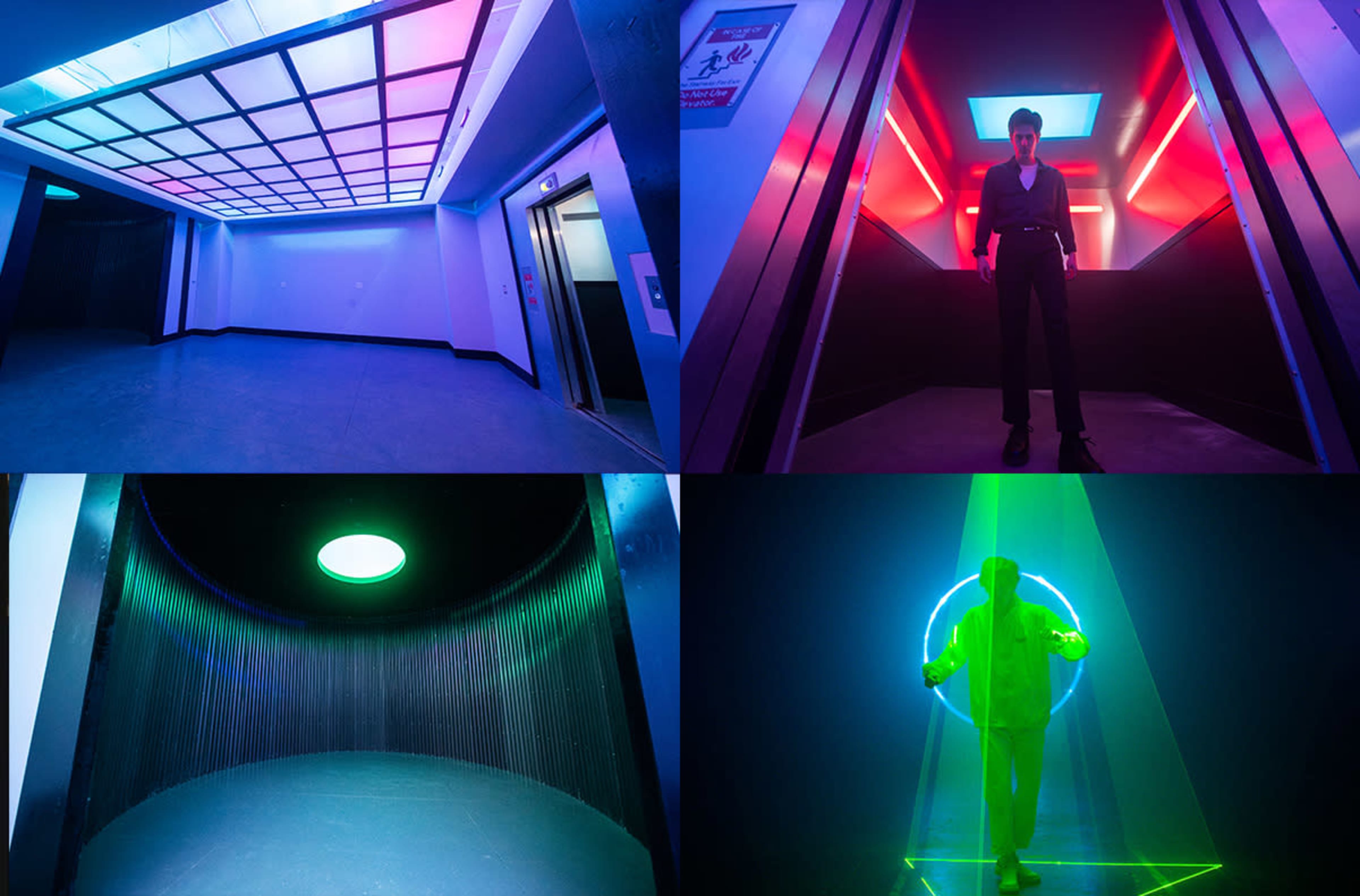 Four different scenes, each with vibrant neon lighting and modern architectural elements, including an elevator, a hallway, and circular light effects.