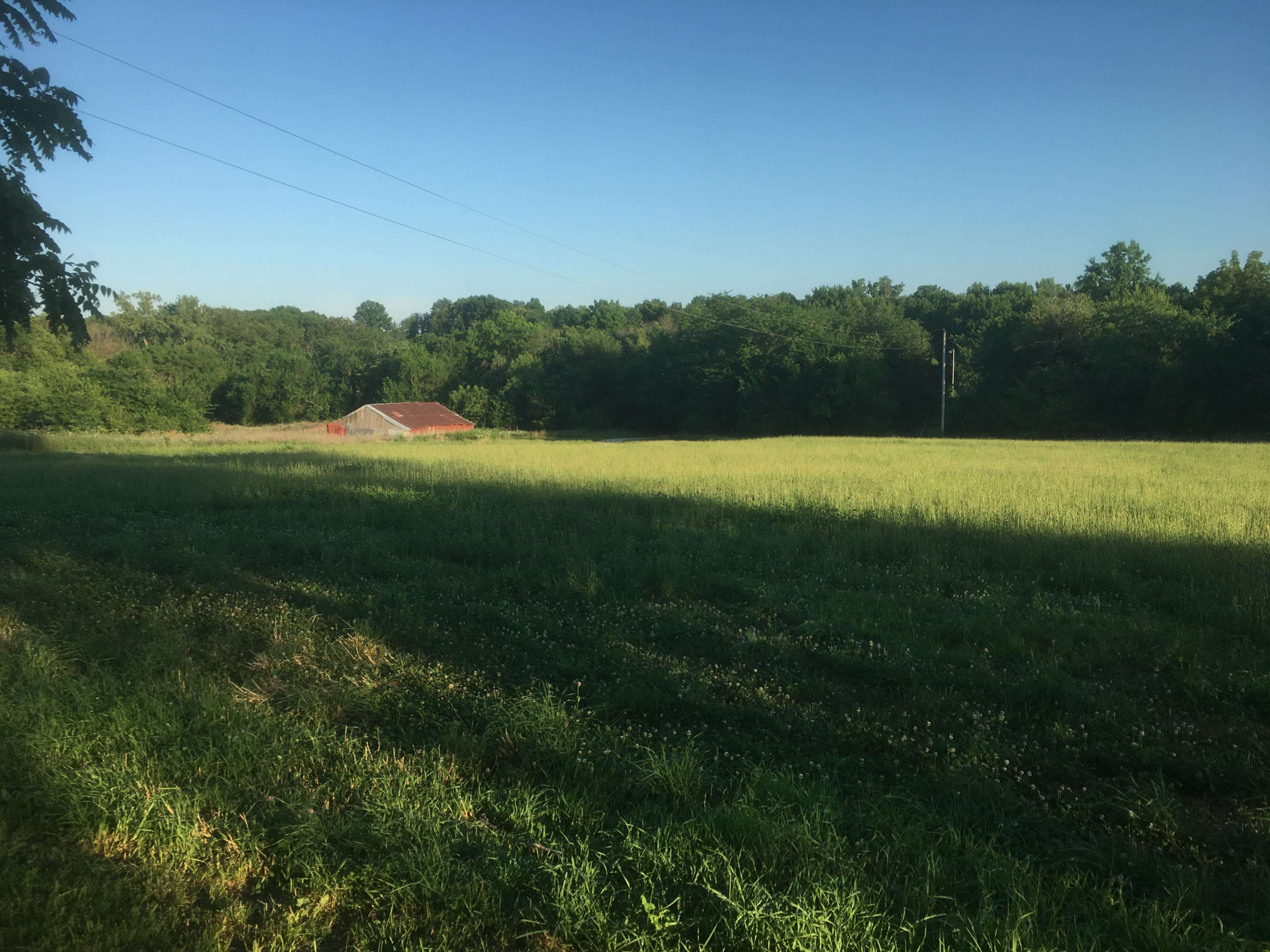 The image shows a green field with a red-roofed barn in the distance, surrounded by trees under a clear sky.