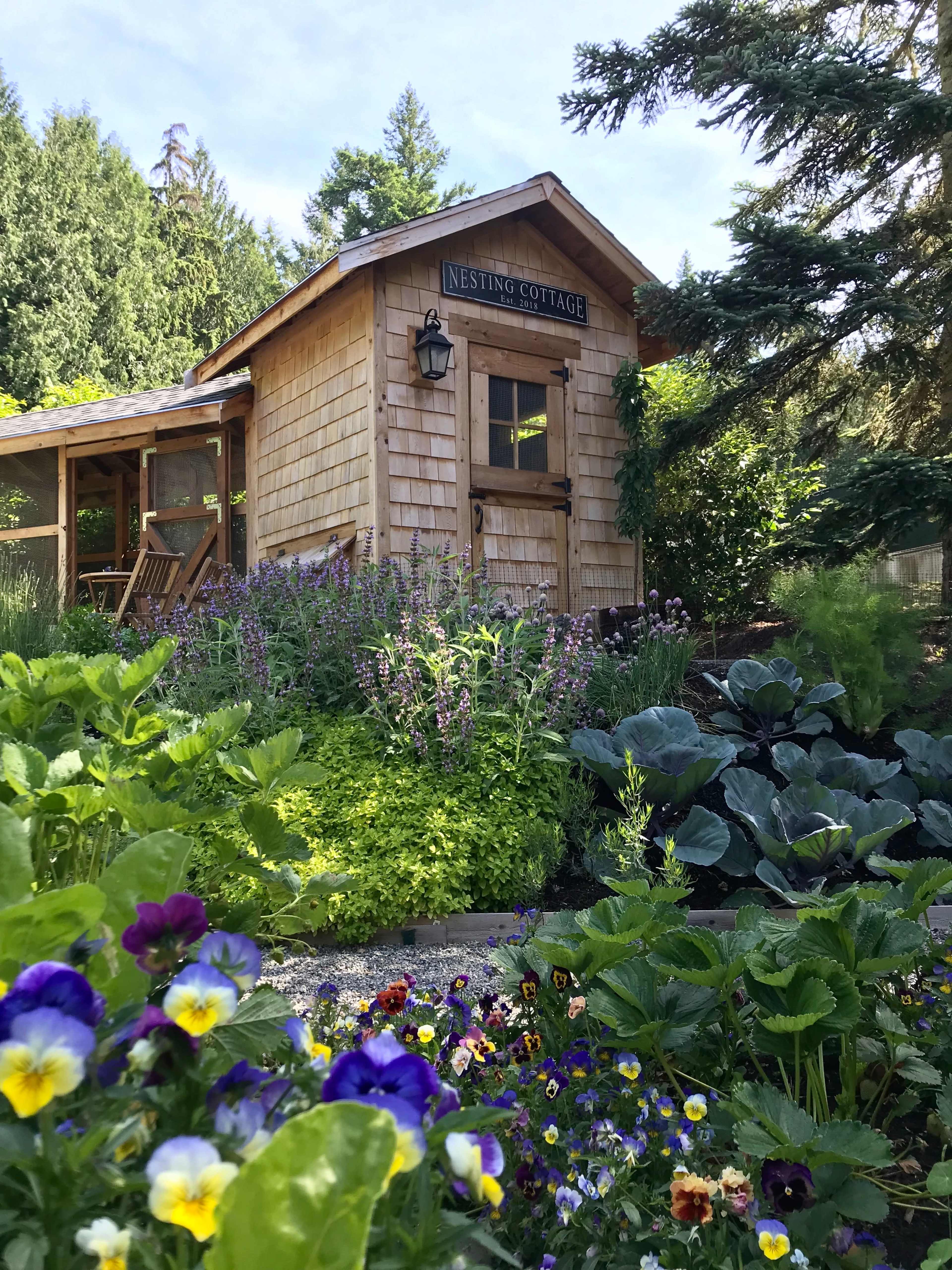 A wooden cottage labeled "Nesting Cottage" stands amidst a lush garden filled with various flowering plants and greenery.