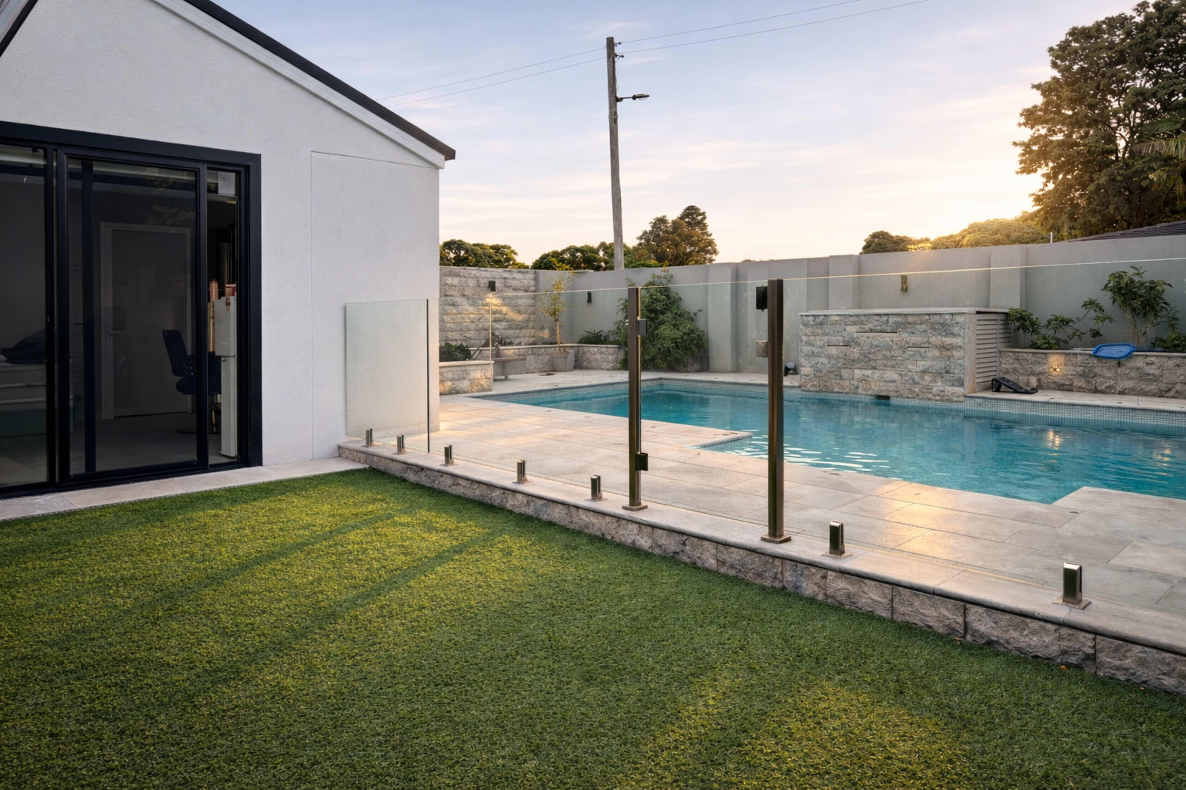 The image shows a modern backyard with a swimming pool, a glass railing, and a lawn, adjacent to a white house during sunset.