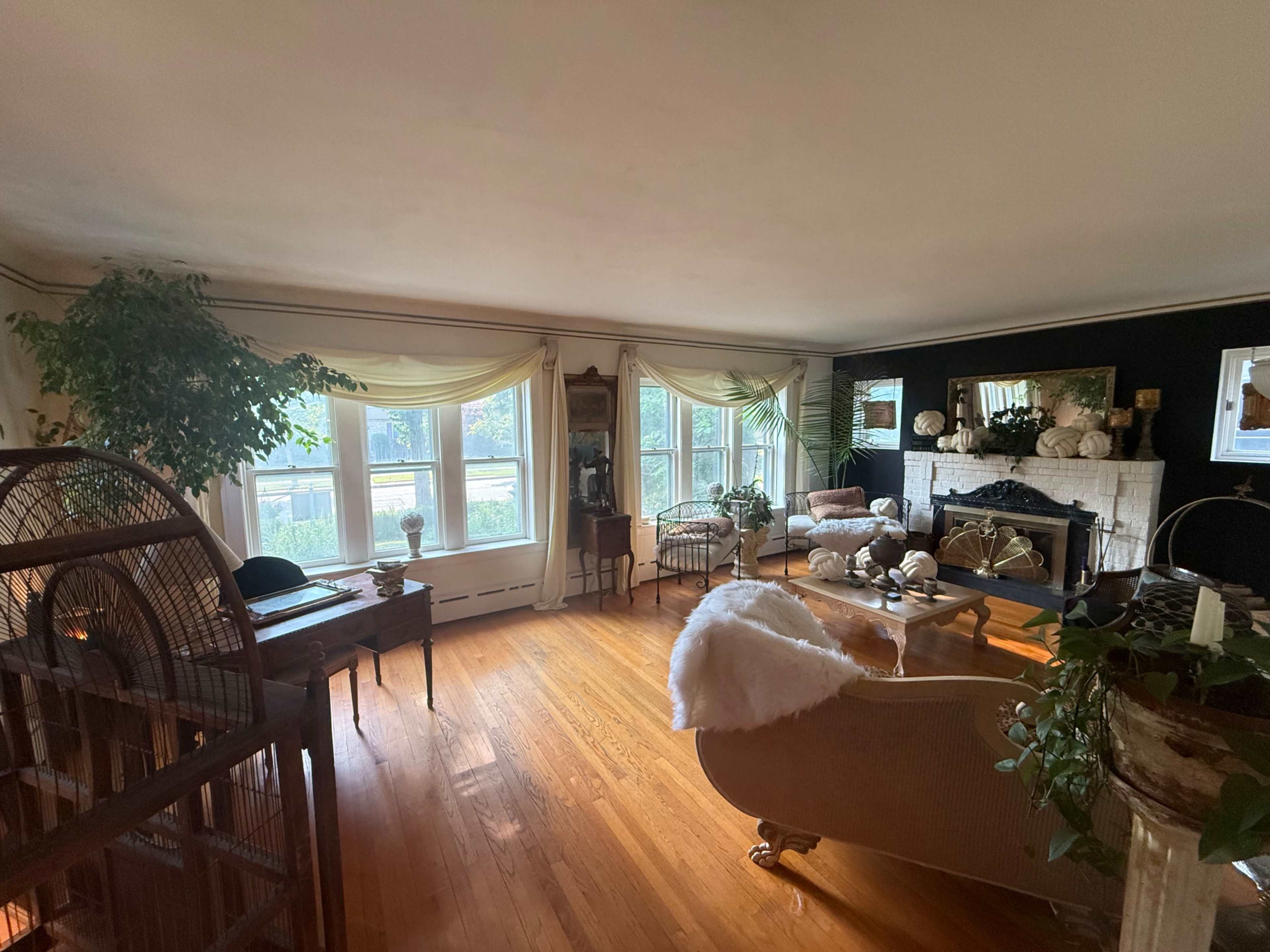 A spacious living room features large windows, hardwood flooring, and a mix of vintage furniture and decorative plants.