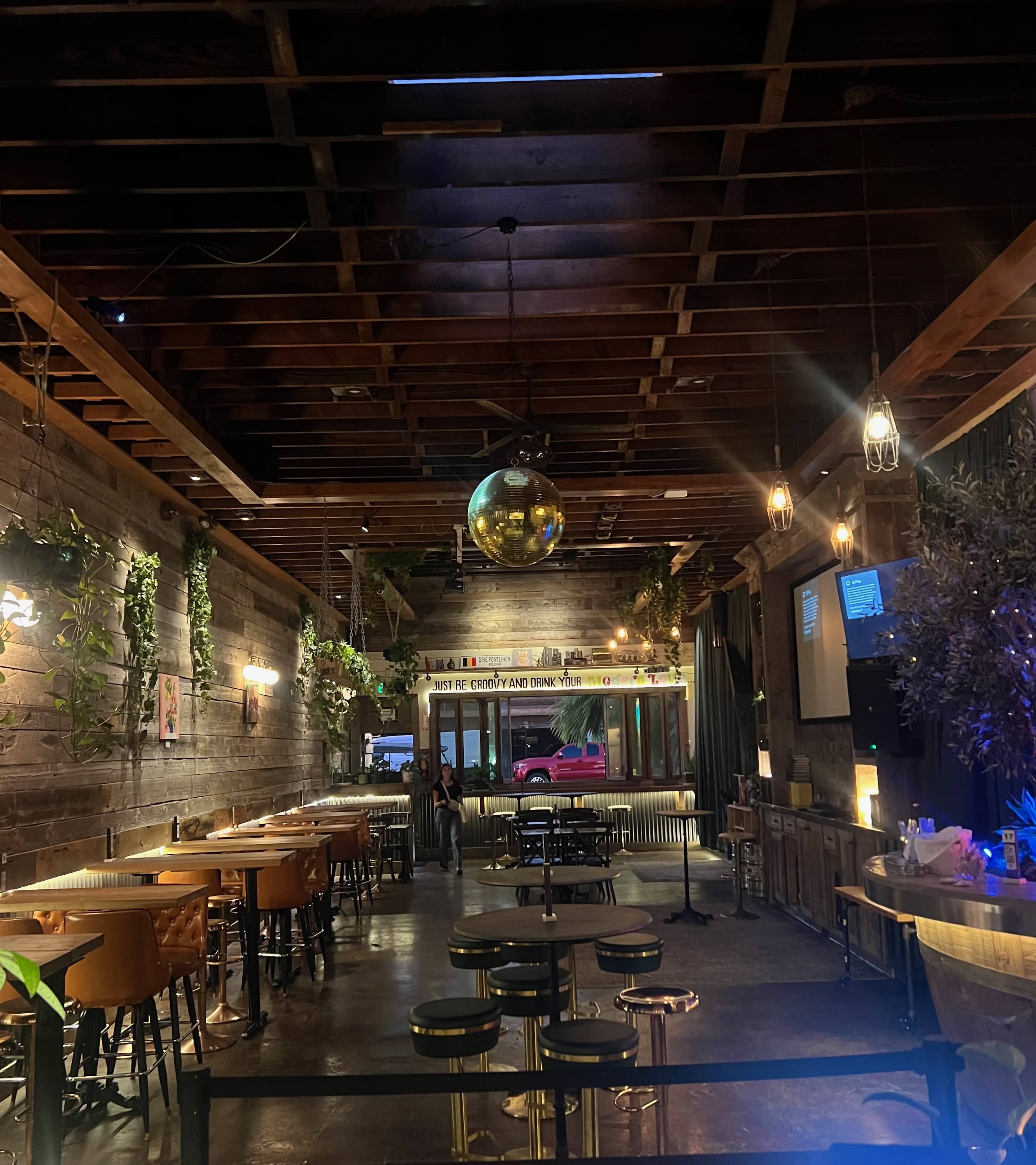 The image shows a dimly lit restaurant interior featuring wooden walls, tables, and chairs, with a disco ball hanging from the ceiling and plants positioned throughout the space.