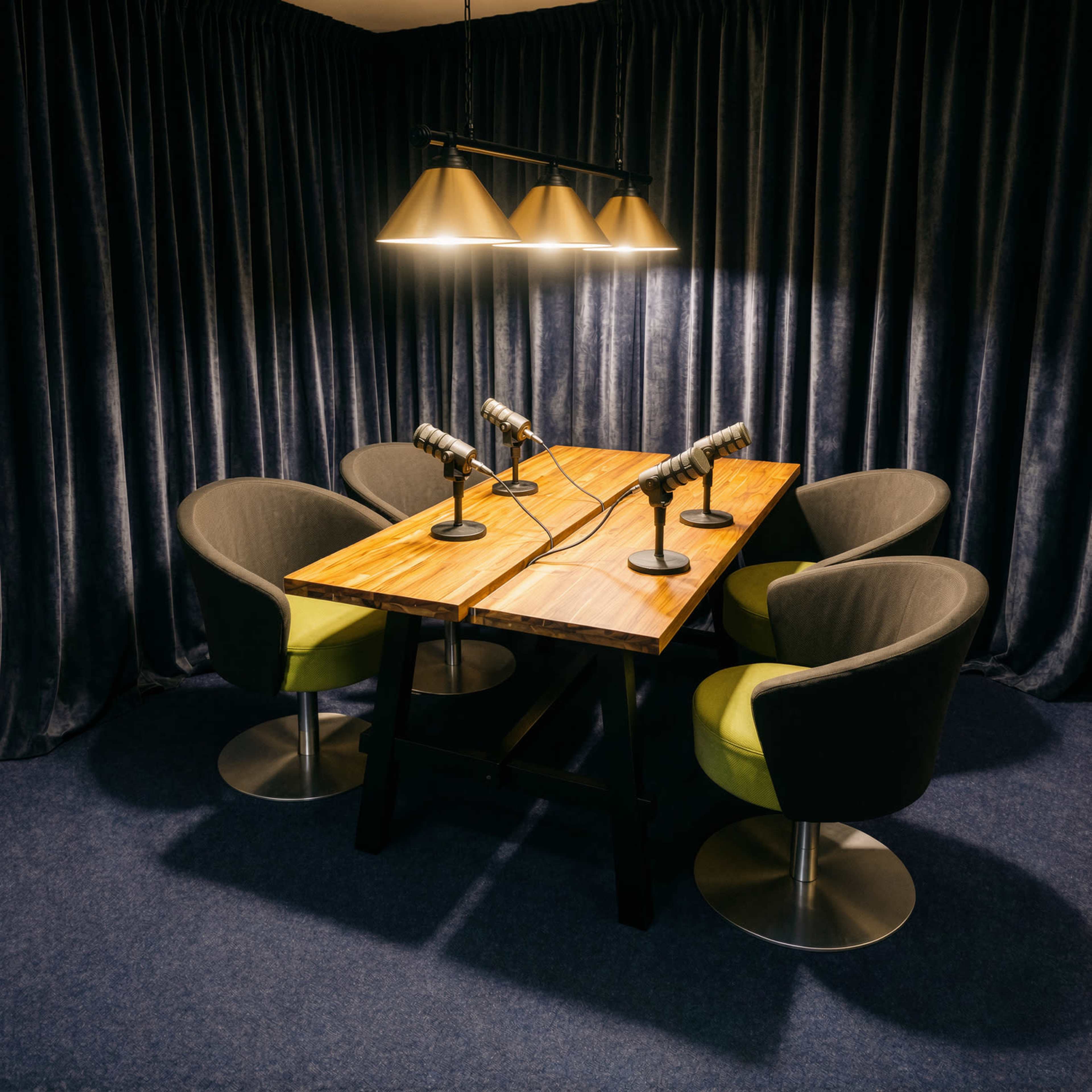 A simple meeting room features a wooden table with four gray and green chairs, two of which are equipped with microphones, under three pendant lights.