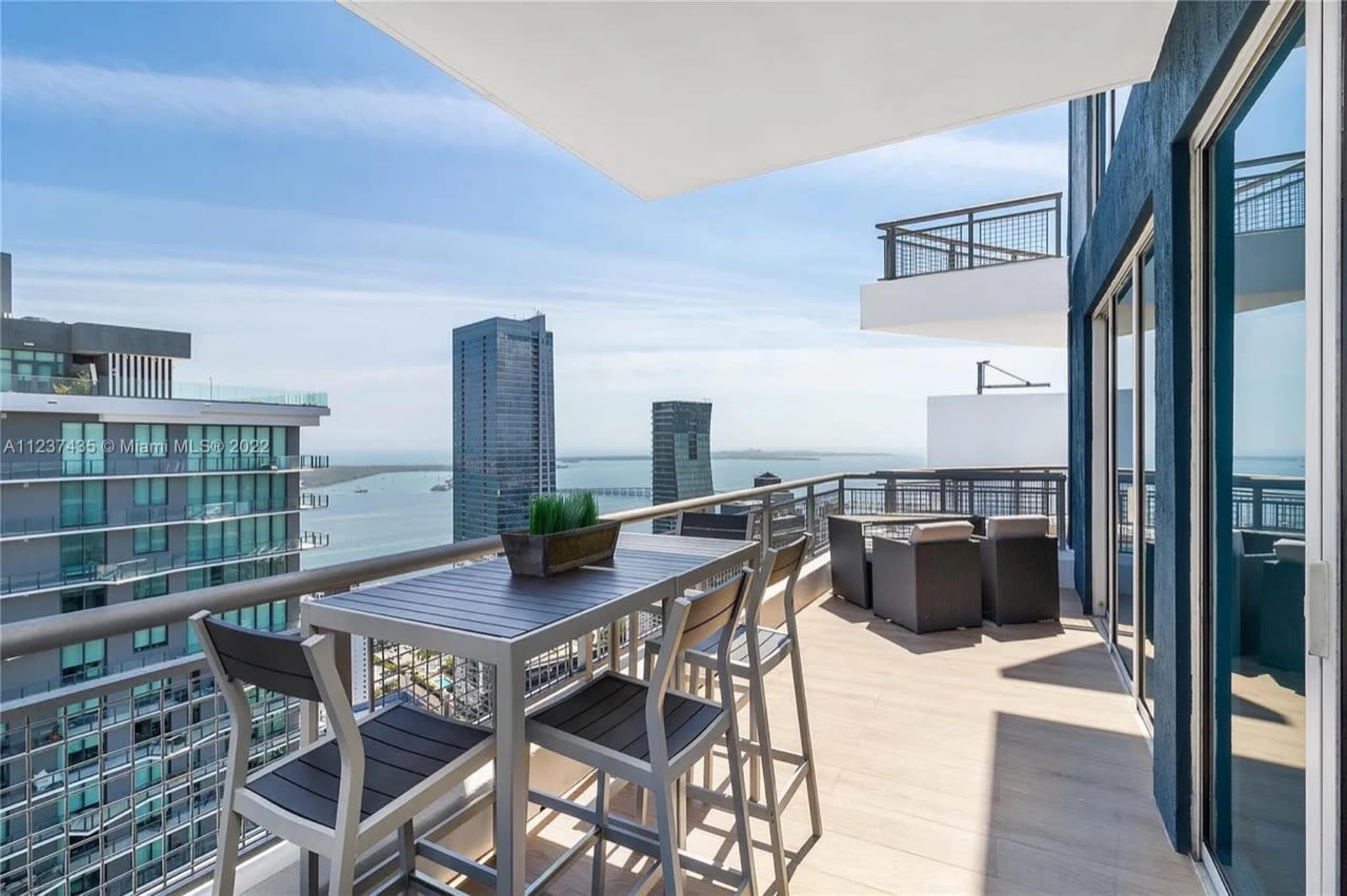 A modern balcony with outdoor furniture overlooking a skyline and waterfront.