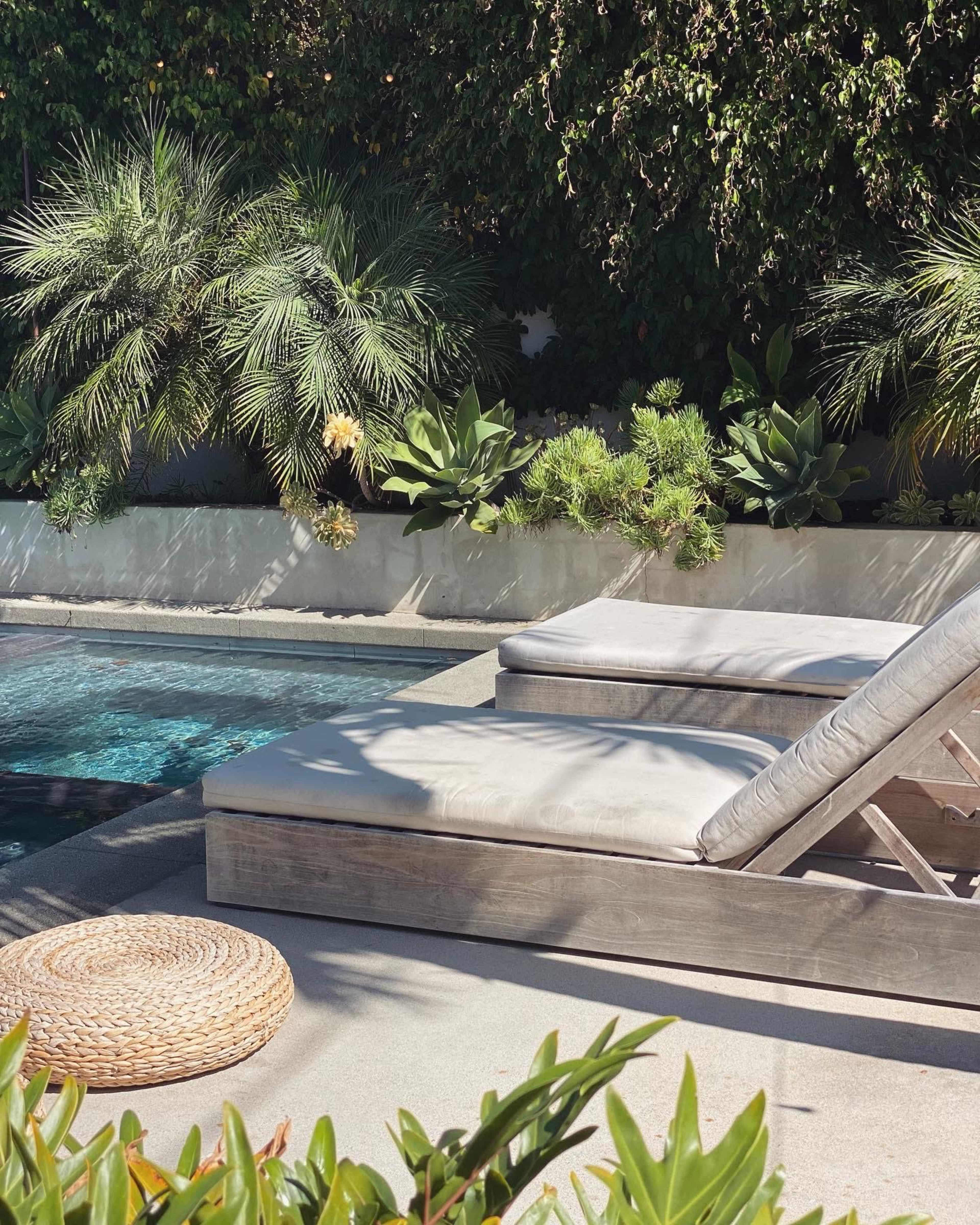 The image shows two lounge chairs beside a swimming pool, surrounded by lush greenery and plants.