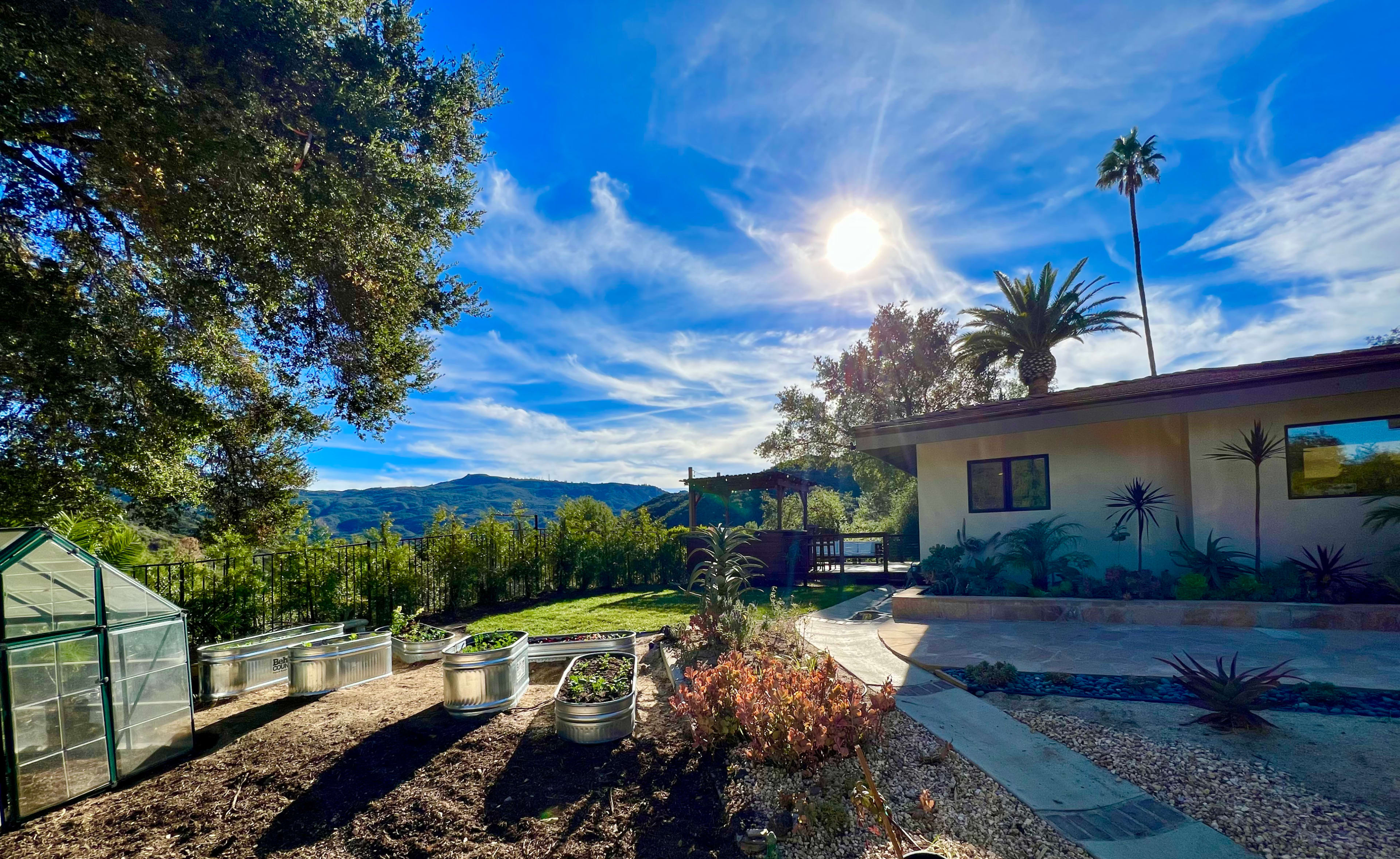 A garden with raised metal planters and a greenhouse is set beside a house, with a palm tree and mountains visible in the background under a clear sky.