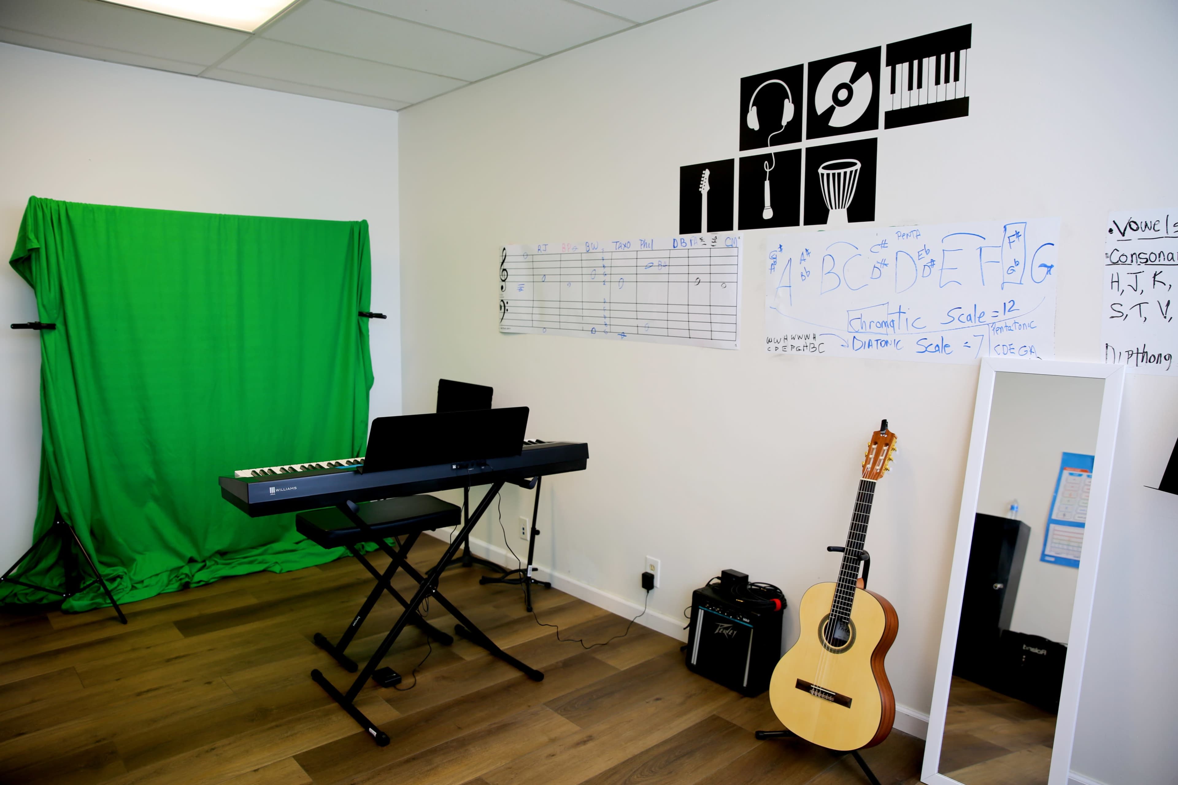 The image shows a music practice room with a keyboard on a stand, a green screen setup, a wall chart featuring musical notes, a mirror, and an acoustic guitar next to an amplifier.