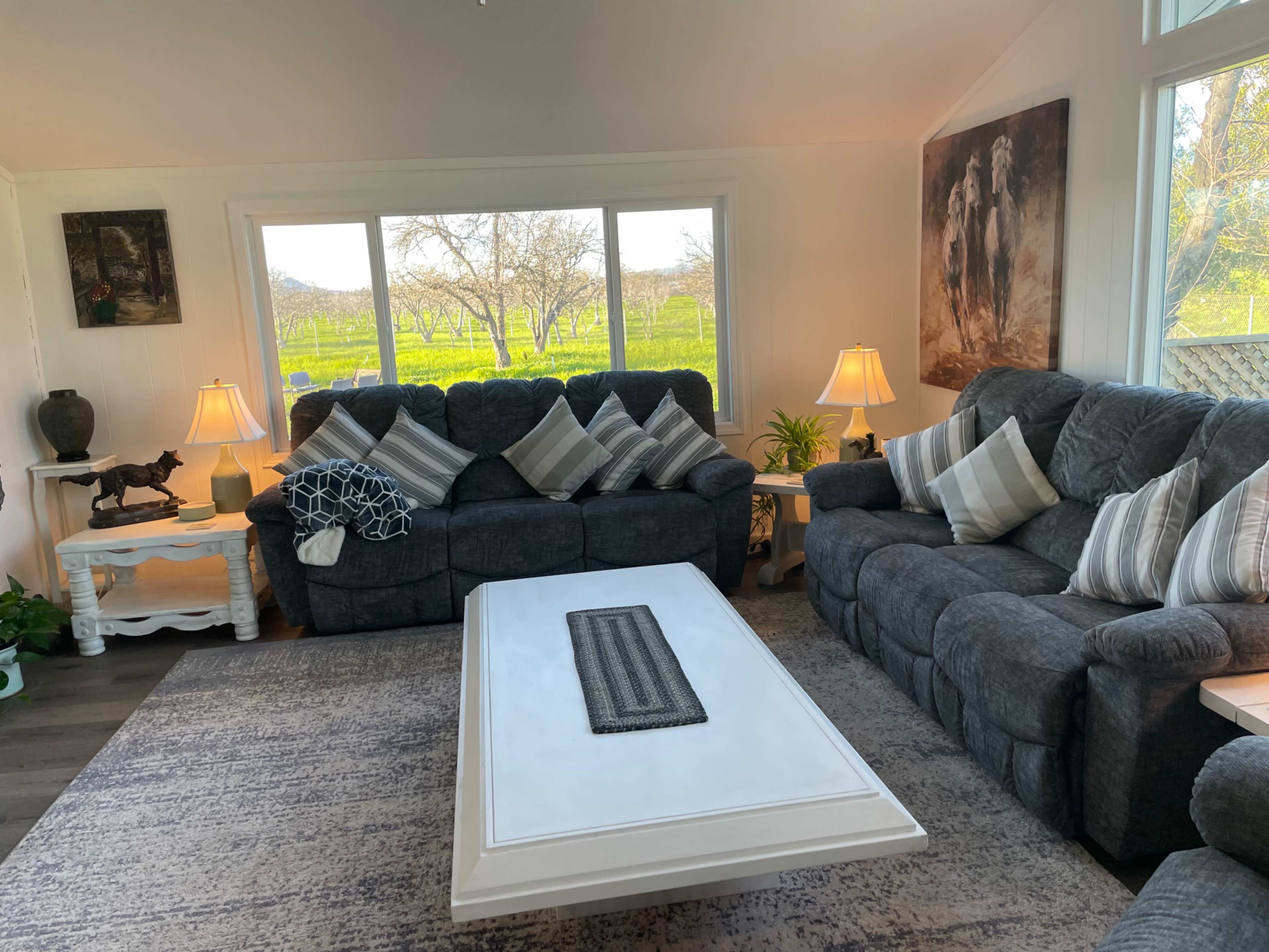 The living room features two gray sofas with patterned cushions, a white coffee table, and large windows overlooking a vineyard.