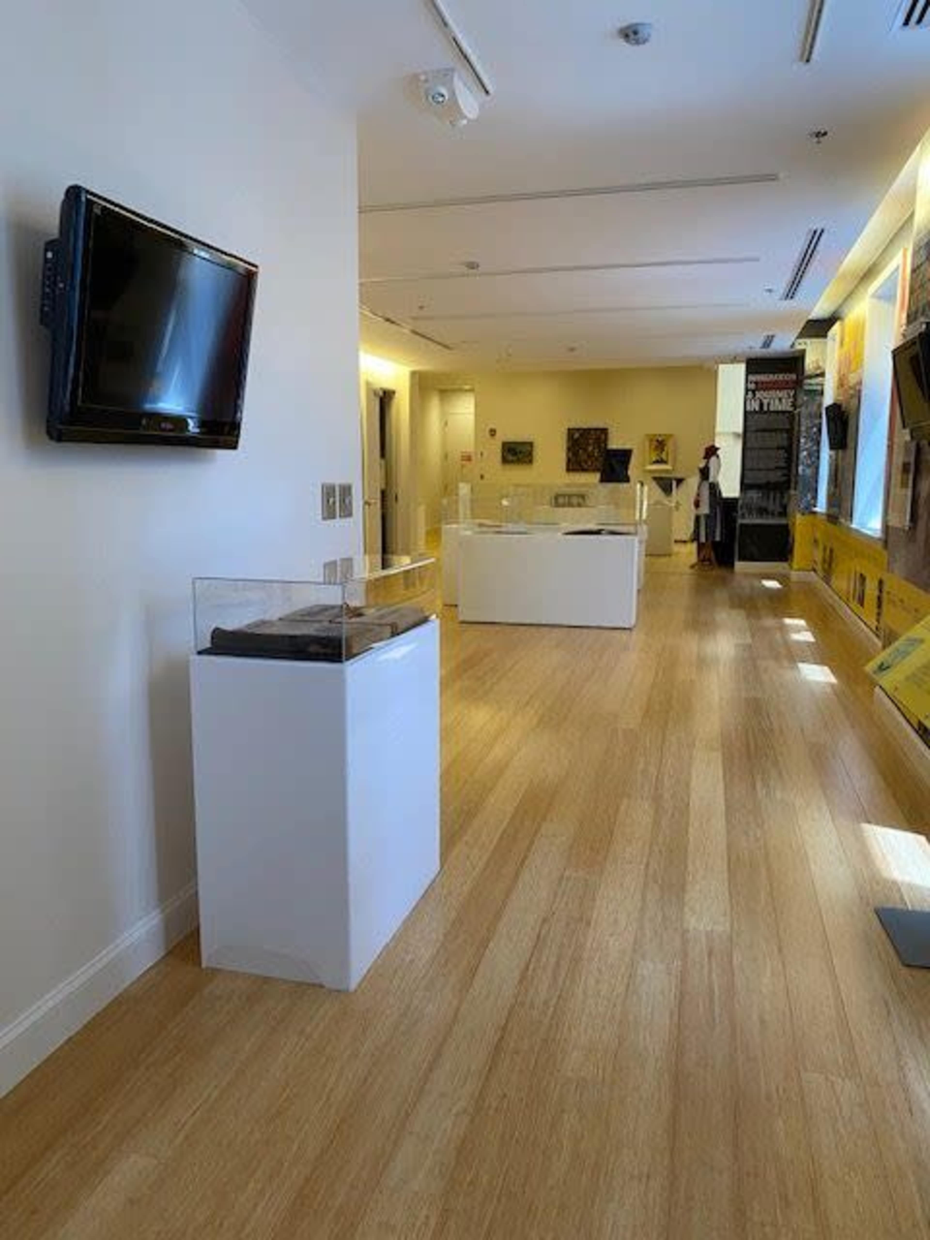 A spacious, bright gallery with wooden flooring, featuring art displays and a television mounted on the wall.