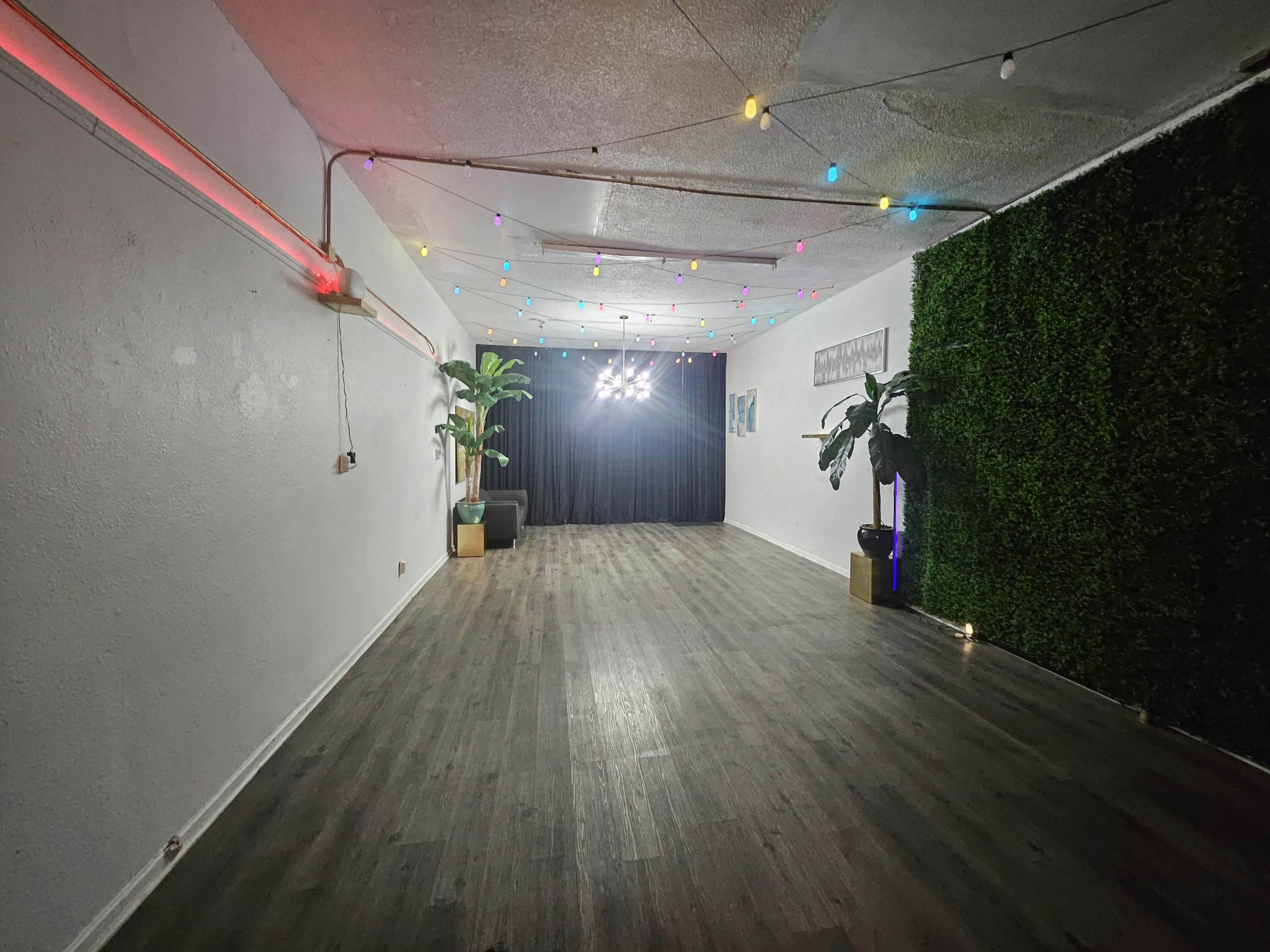 The image shows an indoor space with wooden flooring, decorated with string lights and potted plants, leading to a dark curtain at the far end.