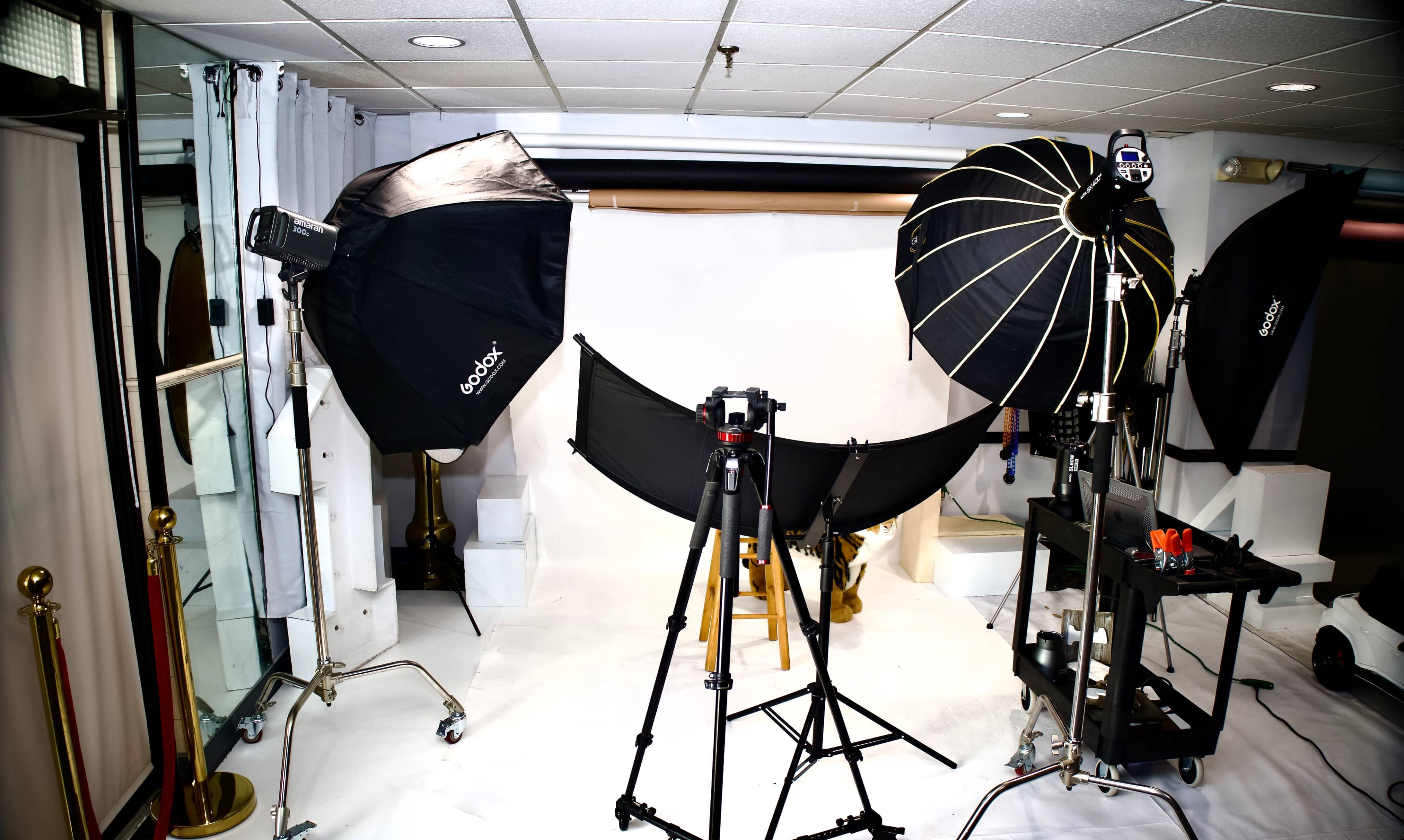 A photography studio is set up with softbox lights, a backdrop, a tripod, and various equipment arranged around the scene.