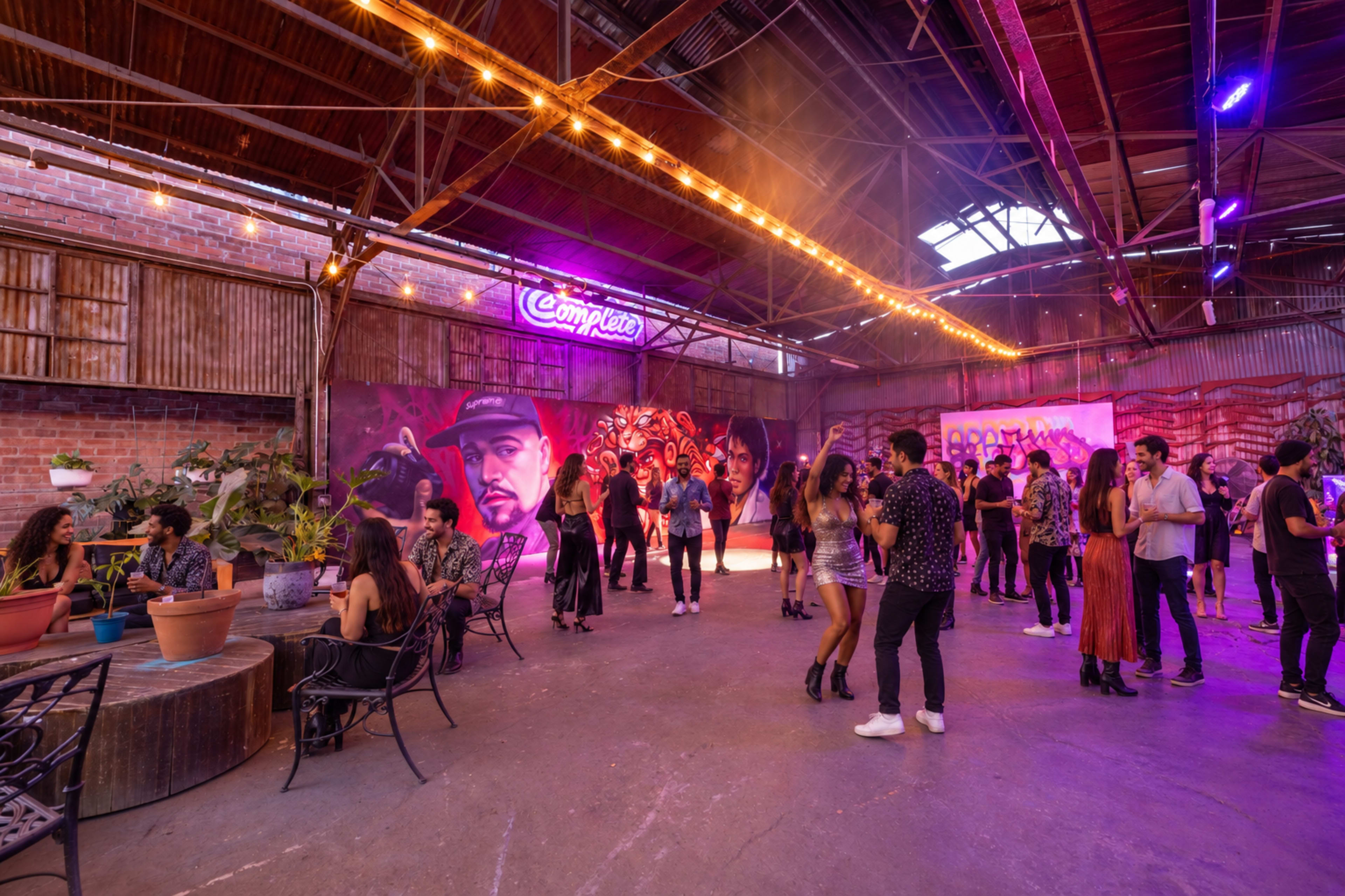 The image shows a lively indoor event space with people socializing, decorated with colorful murals and string lights above.