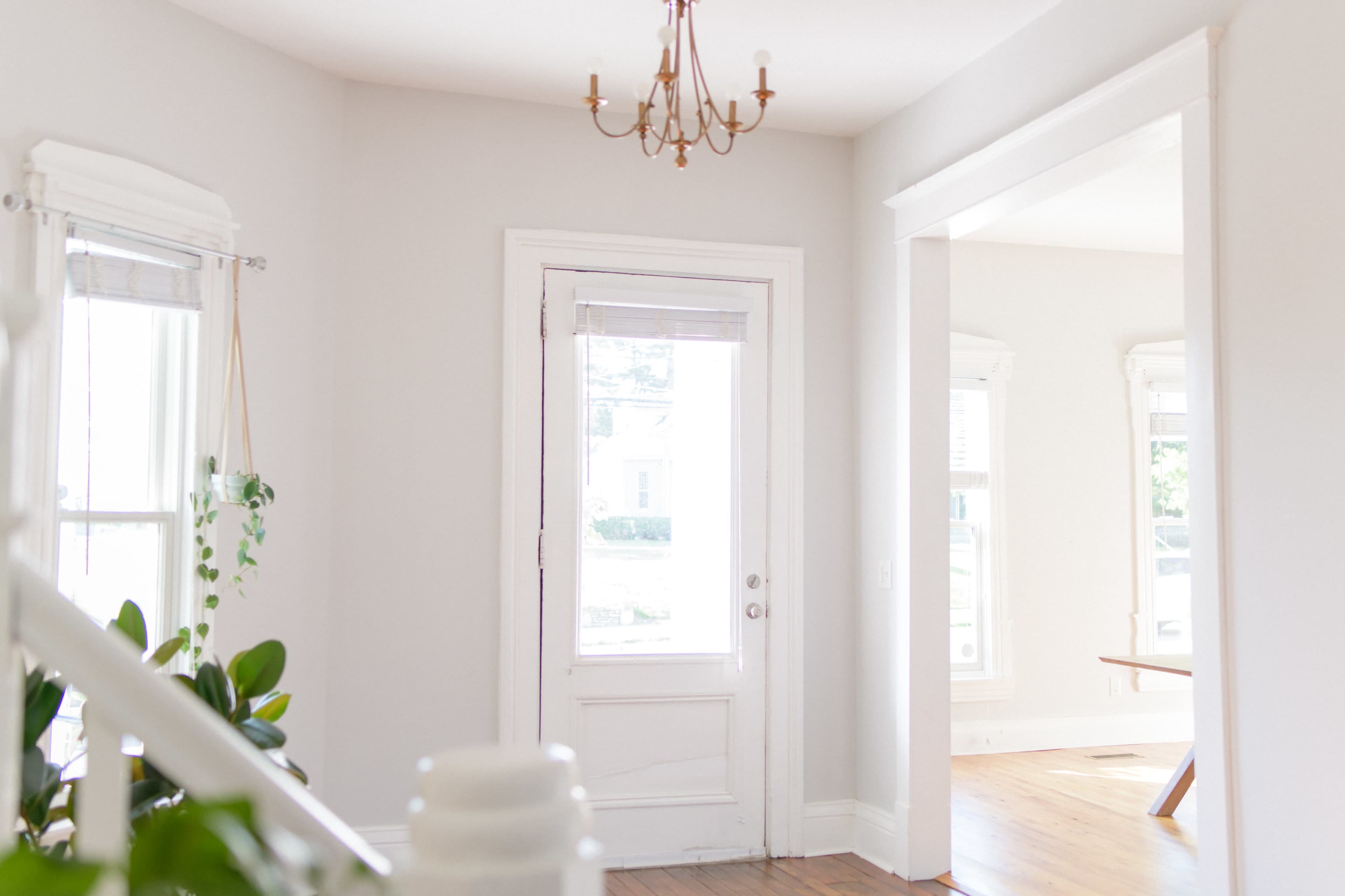 A bright hallway features a front door, a chandelier, and large windows with plants nearby.