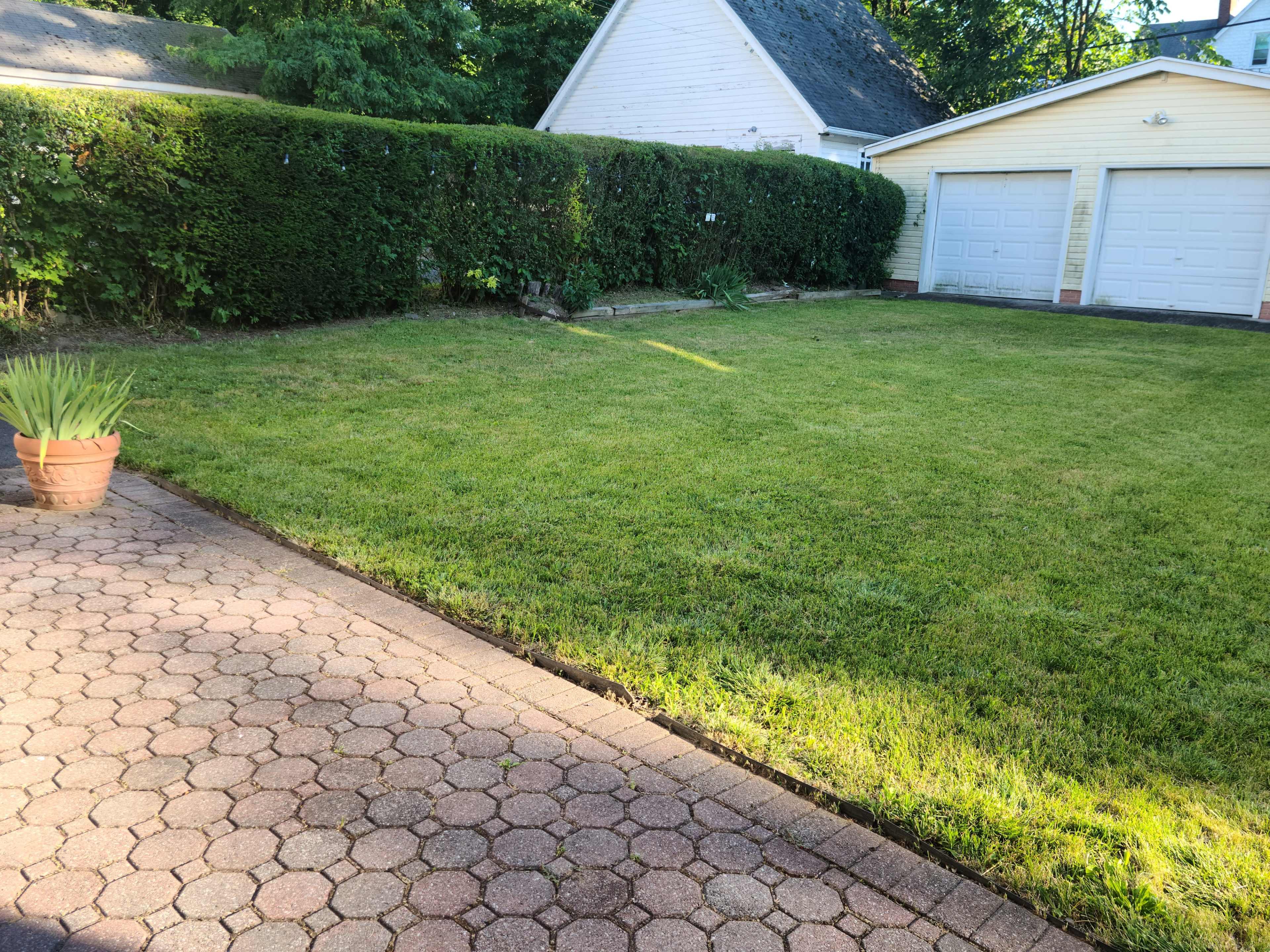 The image shows a well-maintained lawn with a paved pathway leading to a two-car garage and a hedge in the background.