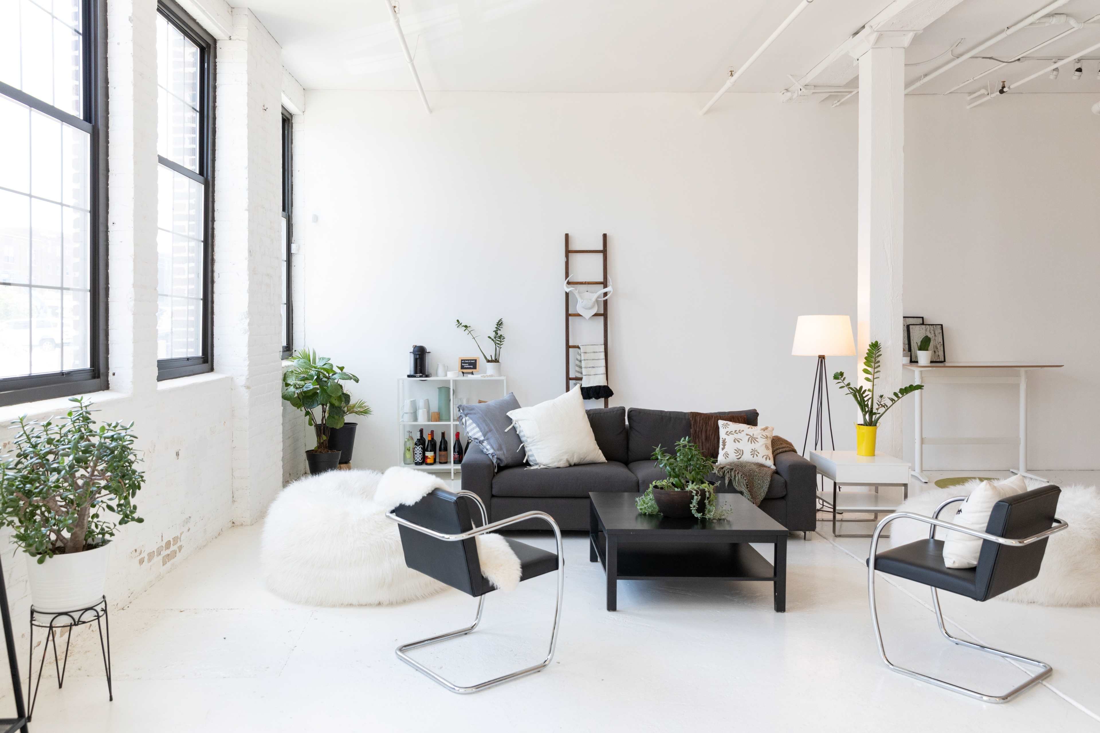 A bright, modern living space featuring a gray sofa, a black coffee table, two black chairs, and lush plants in minimalist decor.