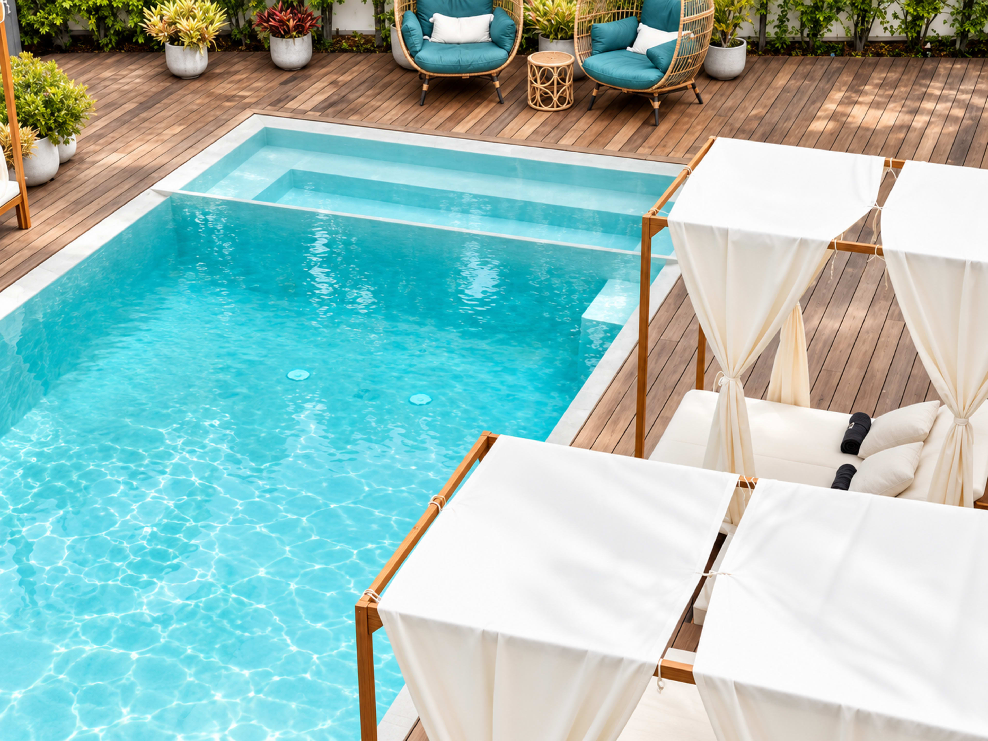 The image shows a modern outdoor space featuring a swimming pool, lounge chairs with canopies, and seating arrangements on a wooden deck surrounded by greenery.