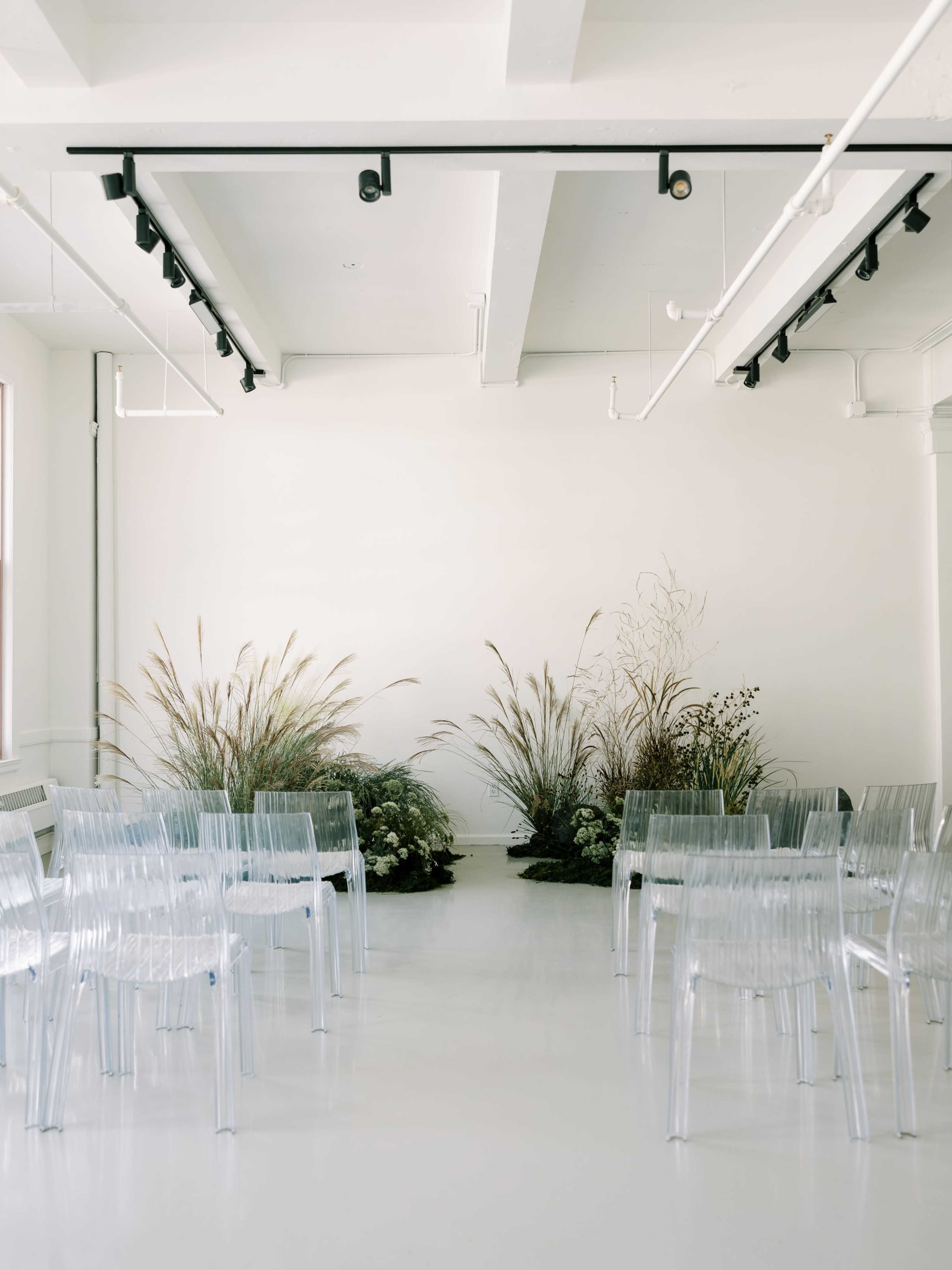 A minimalist event space features rows of clear chairs facing two arrangements of plants against a white wall.