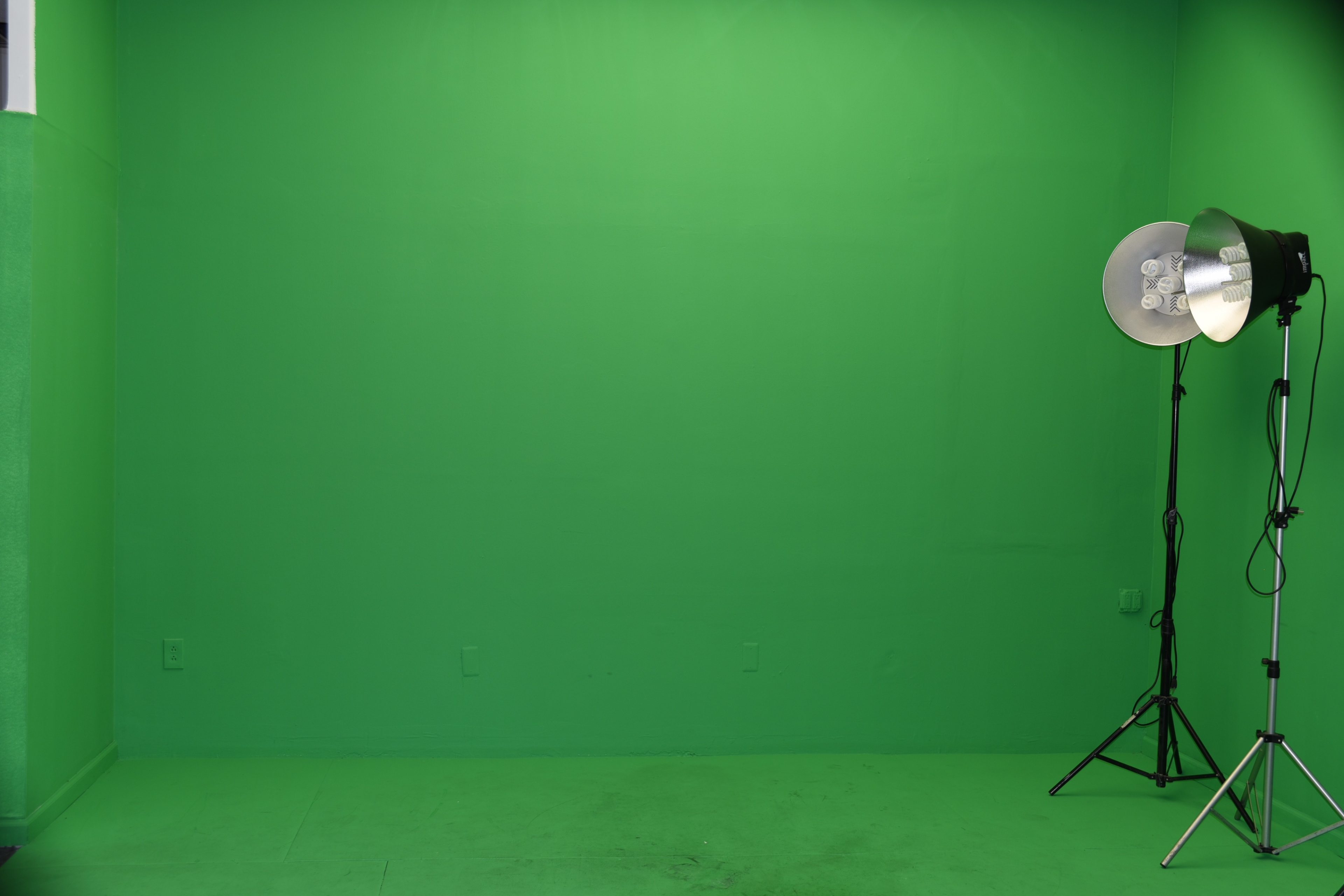 A plain green backdrop with a lighting fixture positioned next to it.