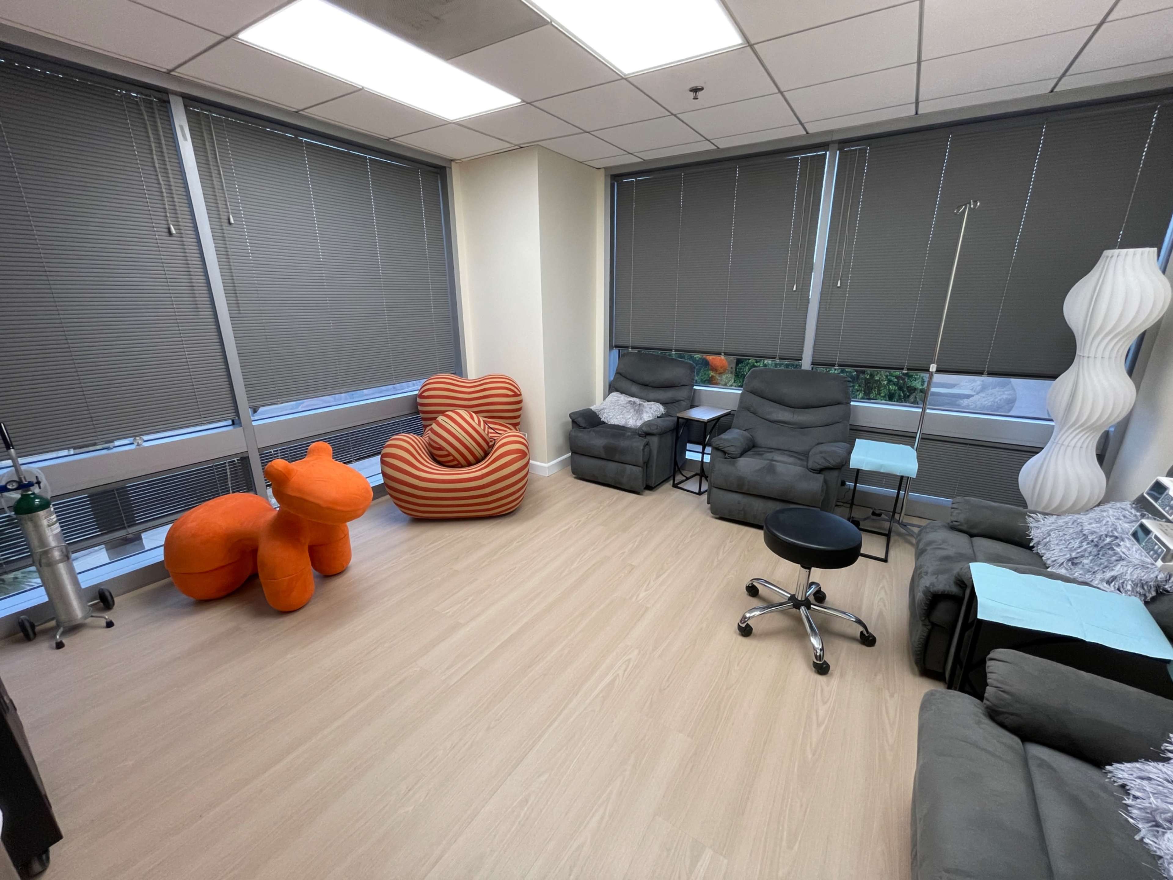 The room features two recliners, a rolling office chair, a small table, and a large orange animal-shaped chair, all set against large windows with blinds.