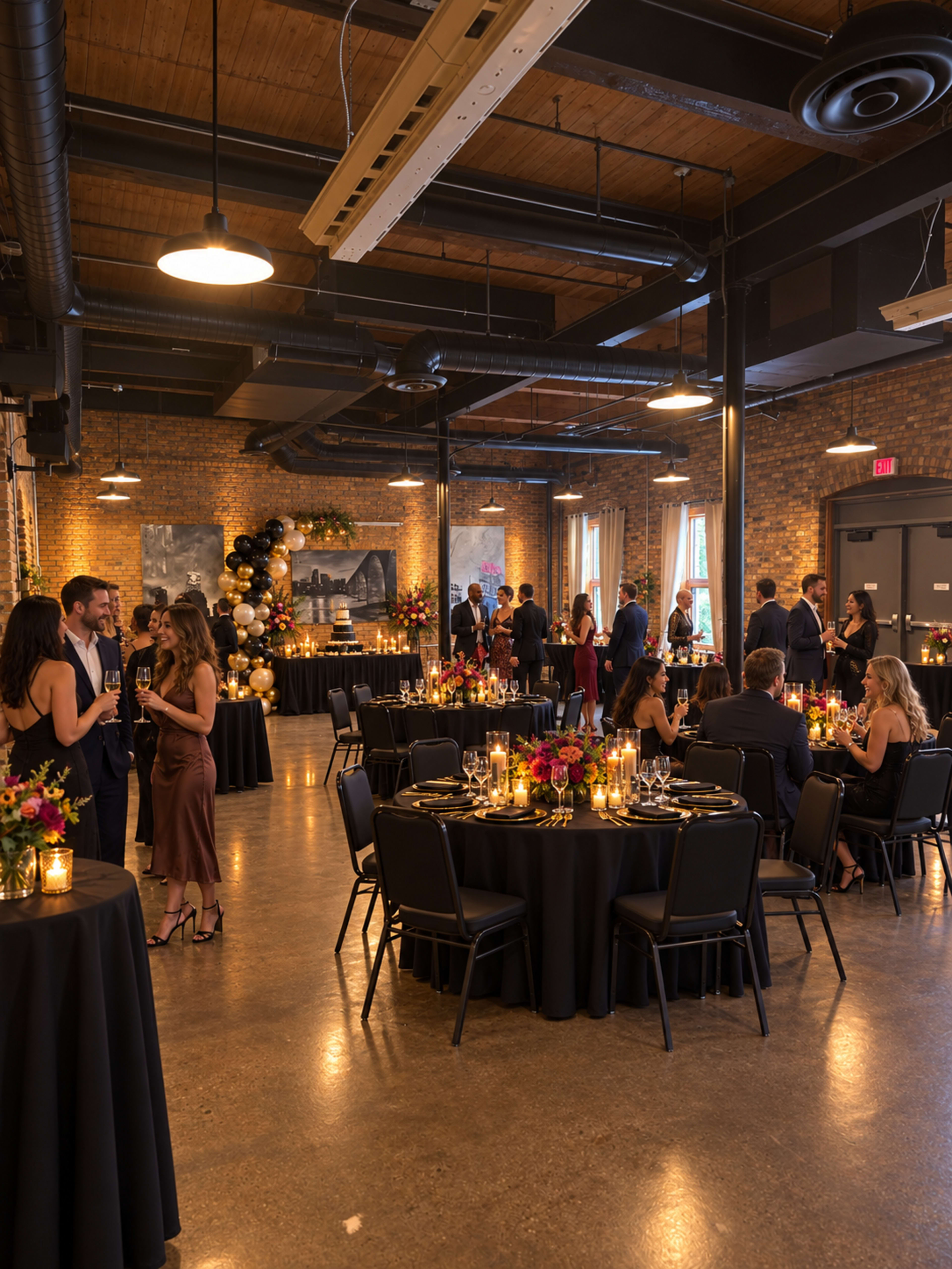 A sleek event space with decorated round tables and guests socializing during a gathering.